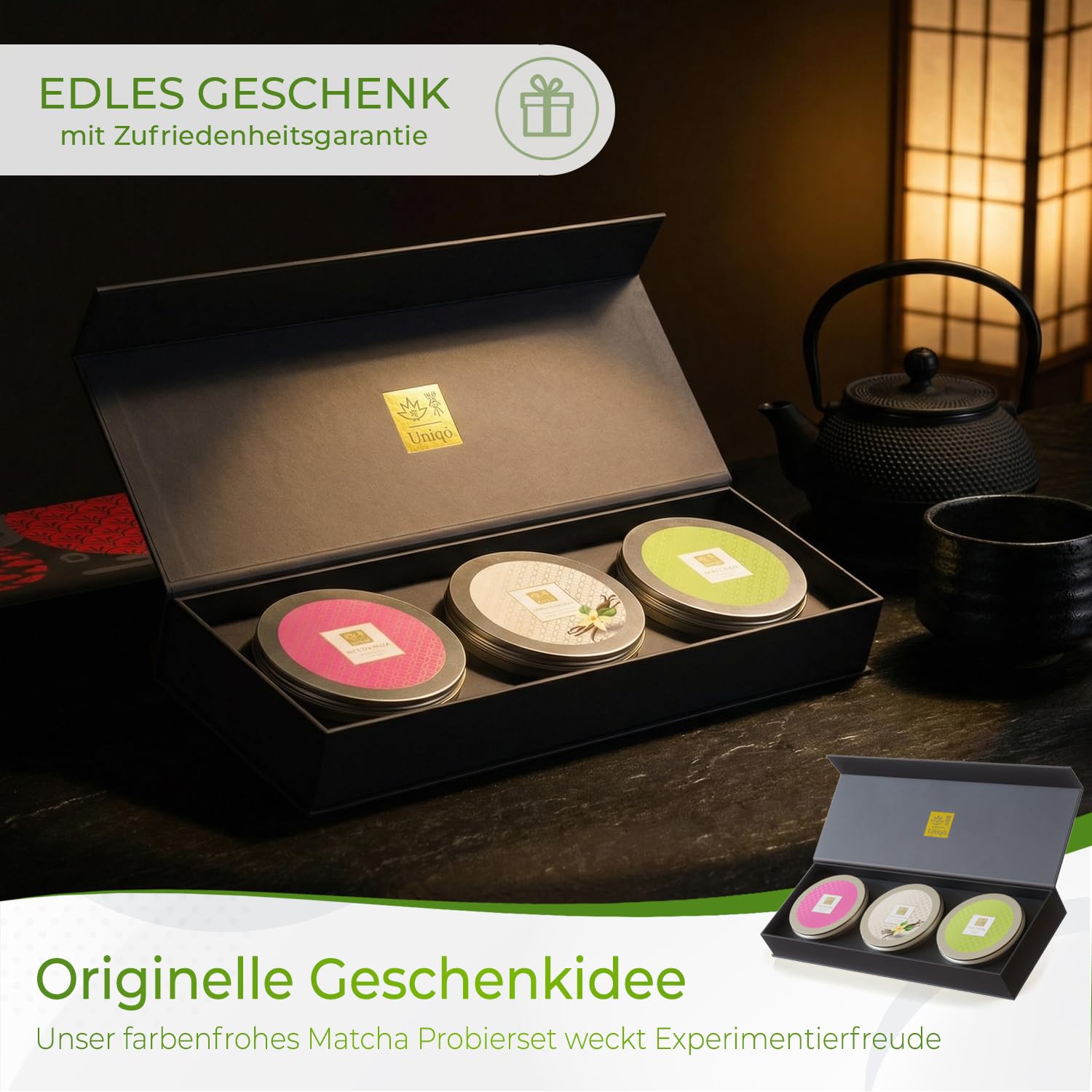 Tea Uniqo - Matcha Pulver Set mit Pink, Vanille und Pure Matcha | Tee Geschenkset mit Drachenfruchtpulver und Matcha Latte Pulver