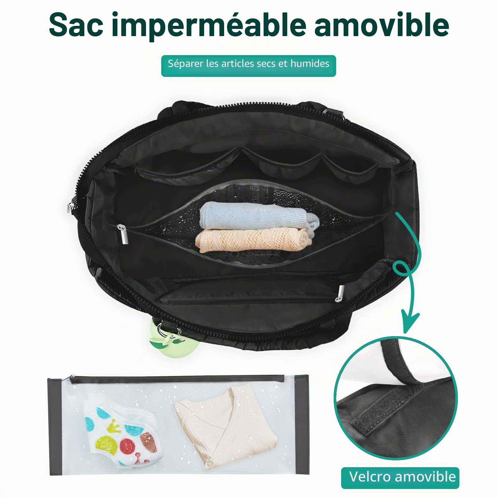 KUBYA Grand sac à langer bébé, sac fourre-tout bandoulière, avec étui tétine silicone