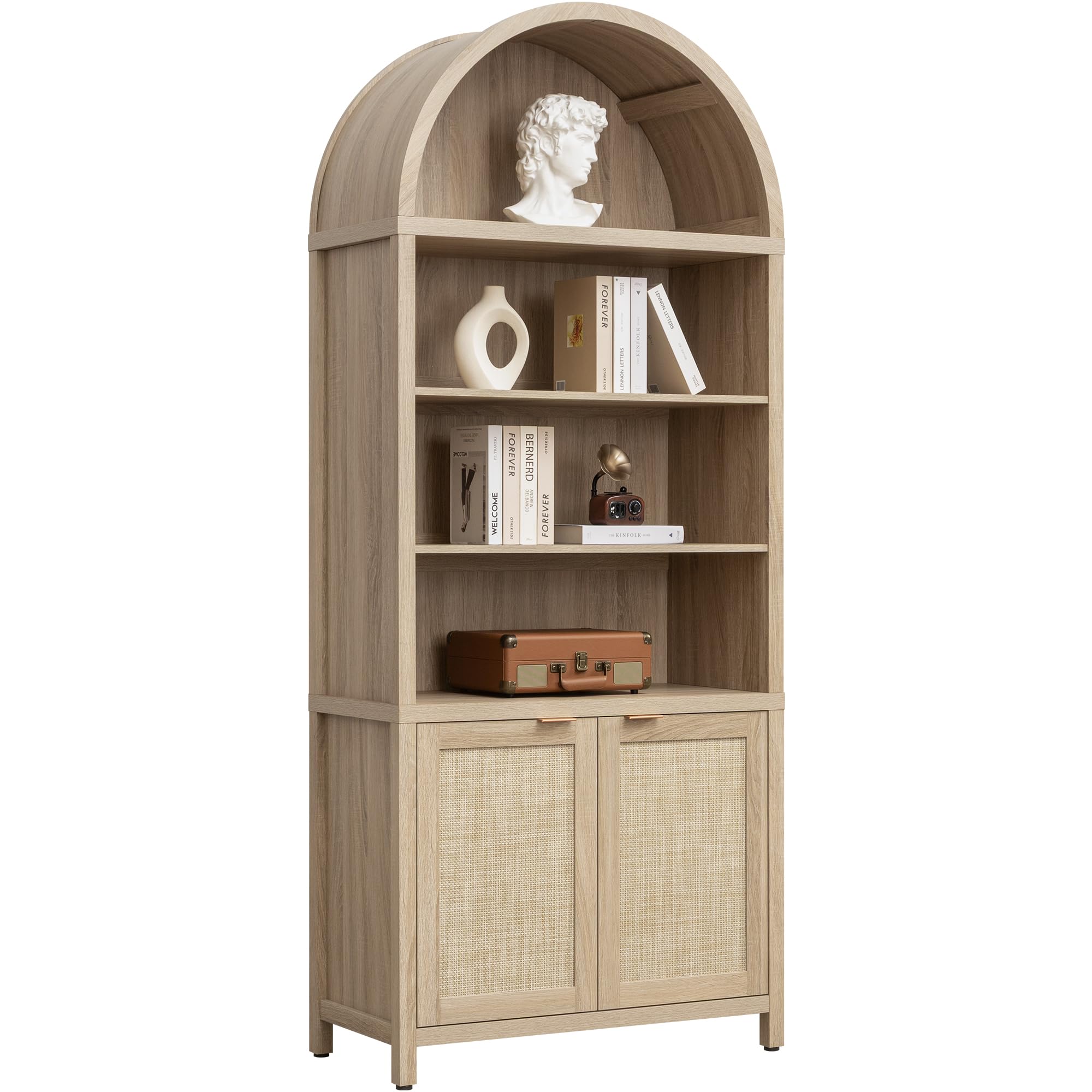 SICOTAS Book Shelf Arched Cabinet Bookshelf Arch 84.2" Tall Bookcase 5 Tier Large Bookshelves with Doors Storage Rattan Boho Wide Book Shelves Case