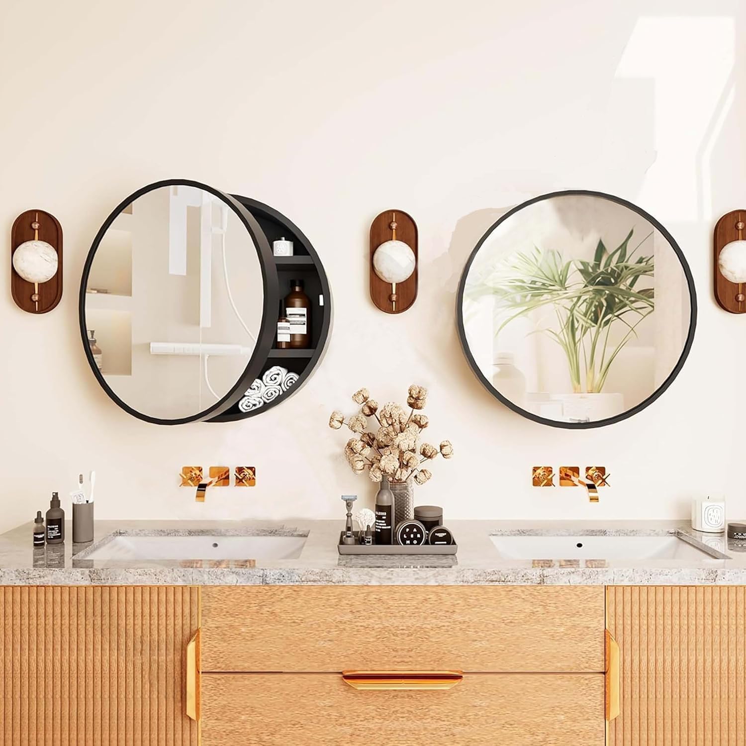 iSTAR Round Bathroom Mirror Cabinet with Storage, HD Silver-Coated Wall Mounted Mirror with Shelves for Bathroom & Washroom (Black)