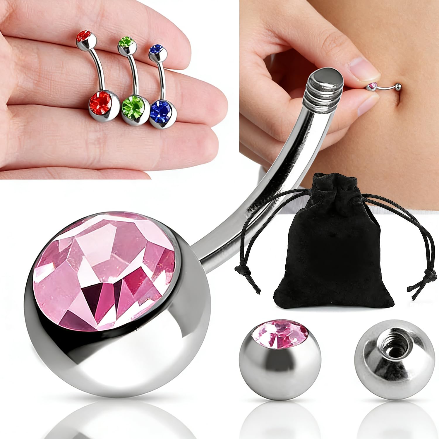 Amaza Piercing Ombligo con Dos Circonitas, 20 Colores Anillos Ombligo Acero Inoxidable, Joyas para el Ombligos Pircing Ombligos con Bolsita de Almacenamiento, Calibre 14G(1,6 mm x 11 mm)
