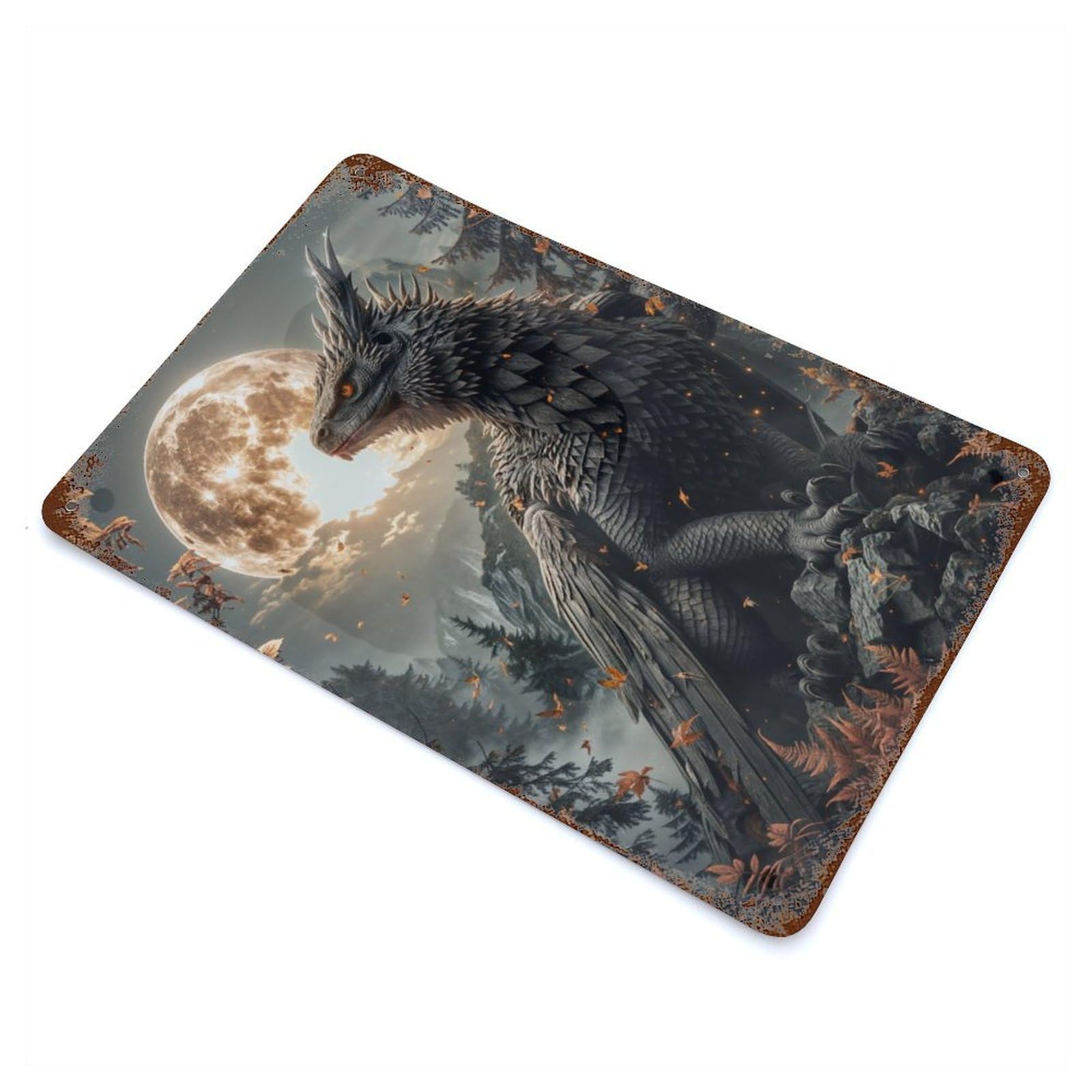 Aged Metal Wall Plaque with Moonlit Griffin Sentinelmo Design 11.8"x7.9", for Basement, Hobby Room And Garage Decor, Farmhouse Wall Decor