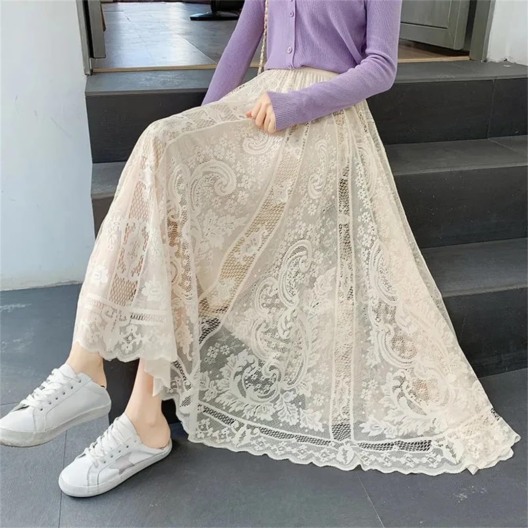 Faldas De Encaje De Cintura Alta Elásticas De Primavera Y Verano para Mujer Falda Plisada De Malla Faldas Largas Elegantes De Corte A