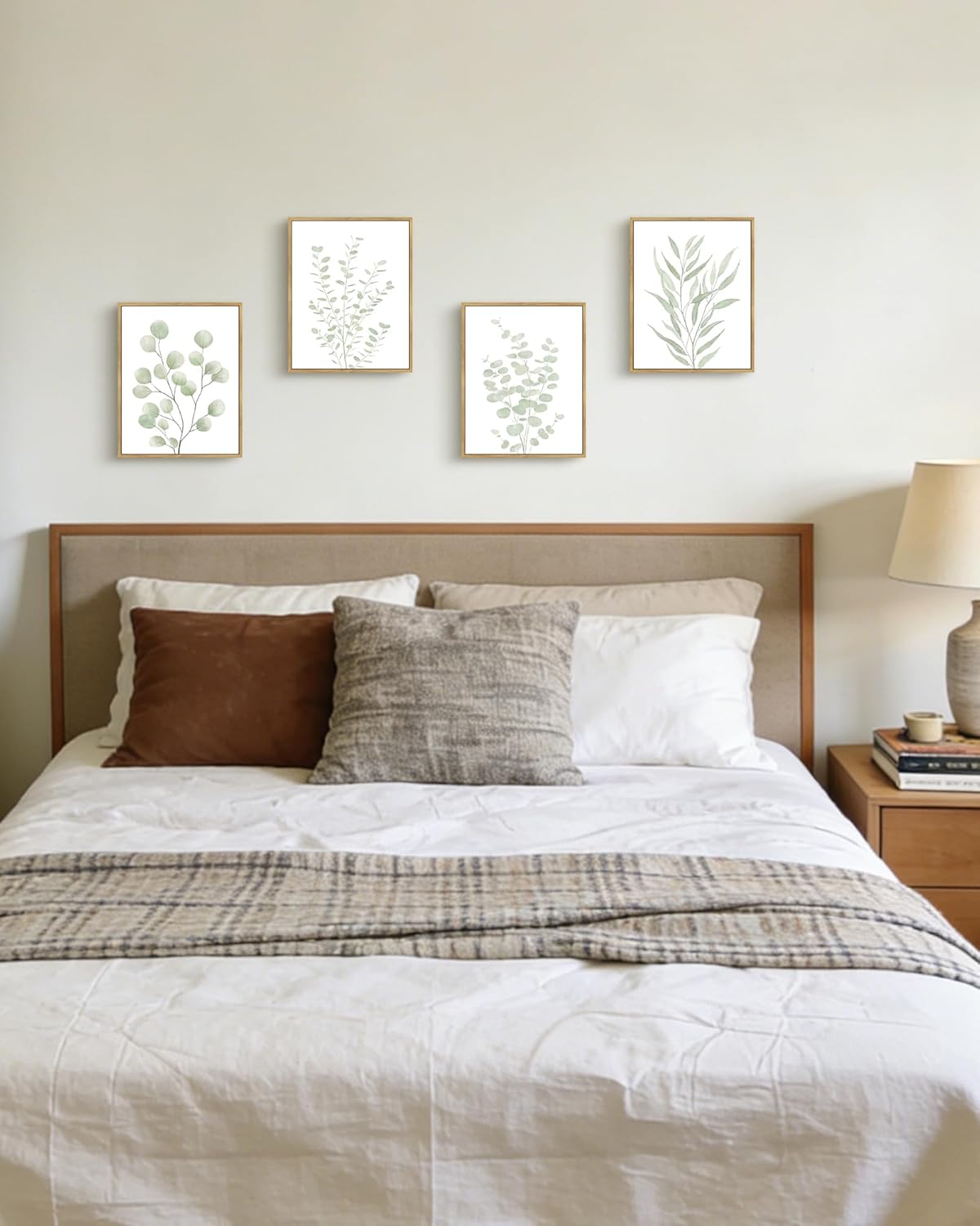 KUVIOKE Botanical Framed Boho Wall Art Bathroom Plants Wall Decor Green Sage Eucalyptus Leaf Prints Minimalist Aesthetic Ready to Hang Set of 4, 8x10 in (Natural Framed)