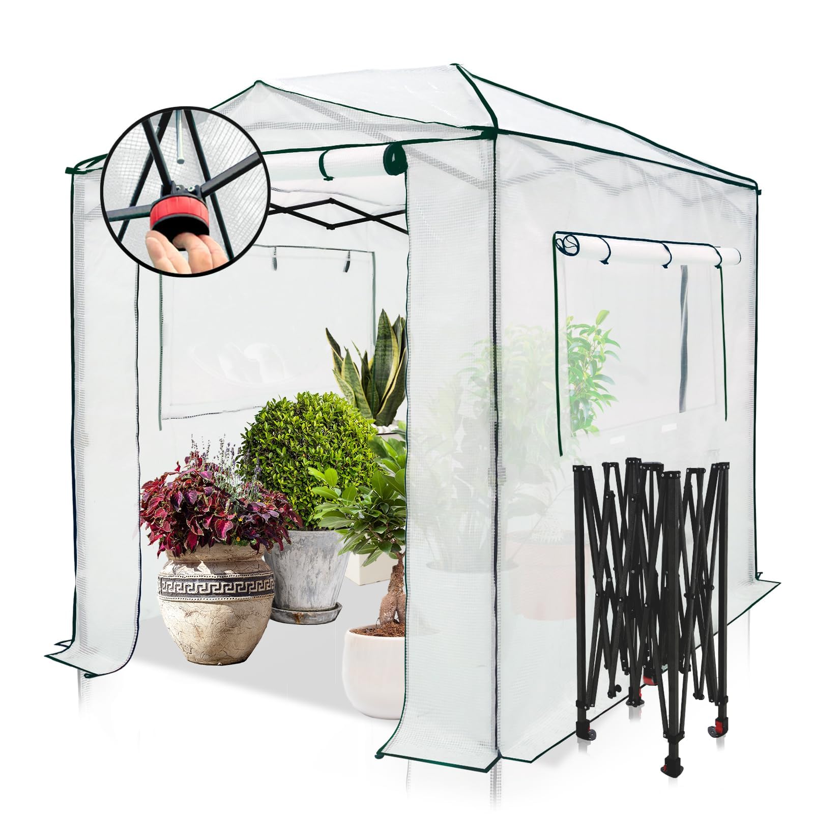 EAGLE PEAK 8x6 Portable Walk-in Greenhouse, Pop-up Indoor Outdoor Garden Green House, Zippered Doors and Windows, PE Cover, White