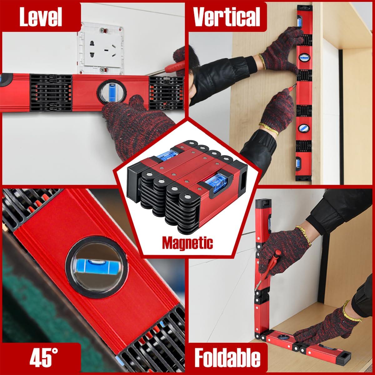 N&S Juvyig - Herramienta de nivel plegable multifunción – Instrumentos de medición multi-ángulo para trabajar la madera – Nivelación precisa en cualquier posición con regla magnética (aleación)