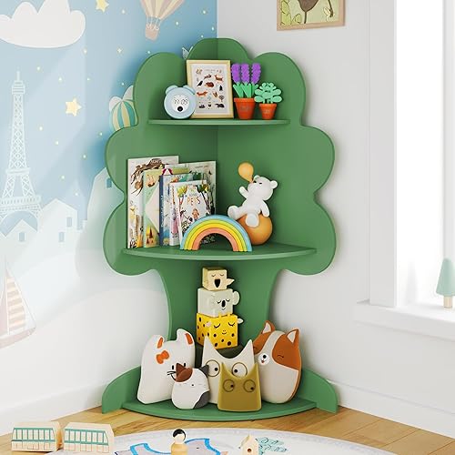 Curipeer Estantería para niños con diseño de árbol para niños, estantería de esquina para niños, estantería para bebés y almacenamiento de juguetes,