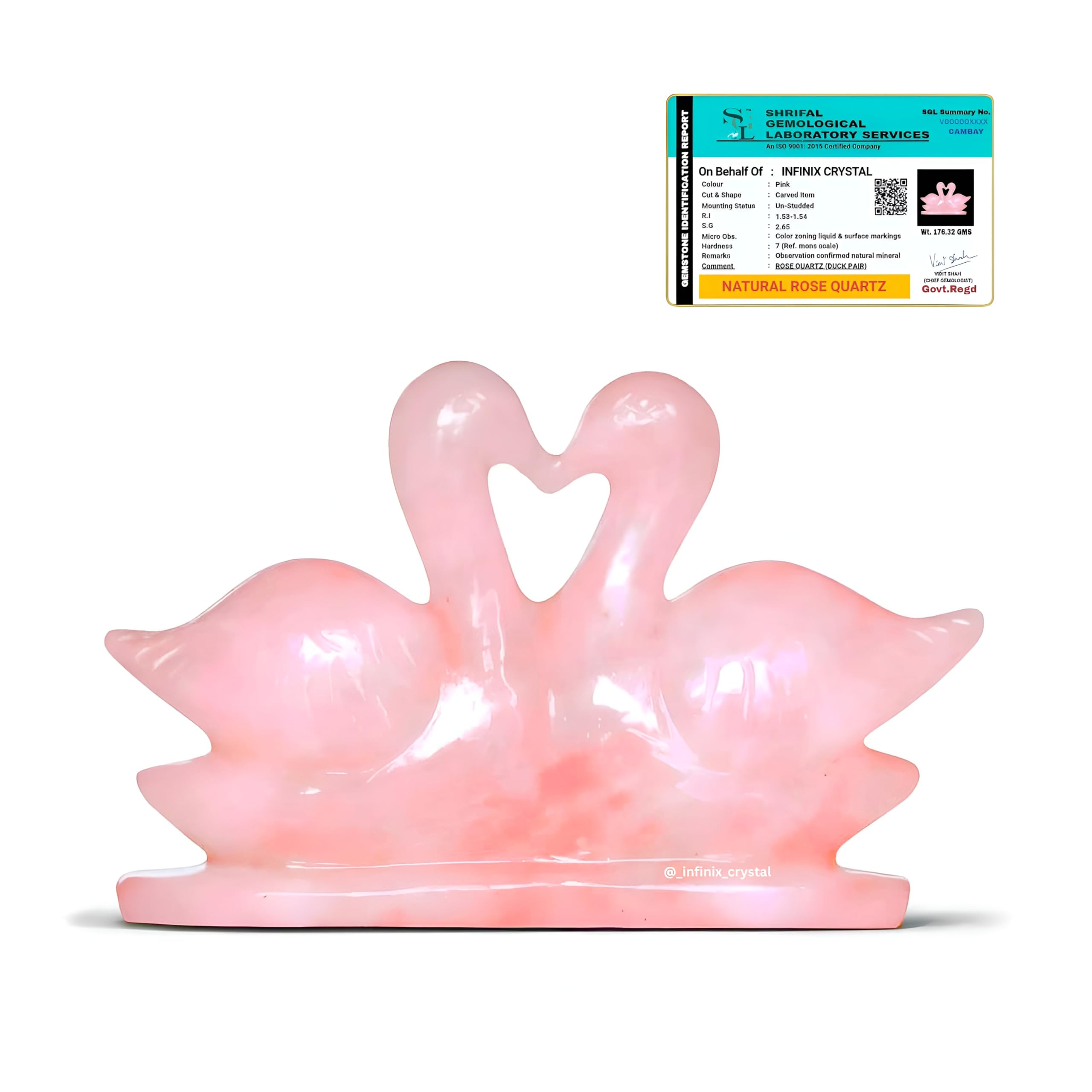 Certified Natural Rose Quartz Swan Pair (100-200g) | Crystal Mandarin Duck Love Birds | Symbol of Love, Harmony & Relationship | Vastu & Feng Shui Showpiece for Home & Office Decor