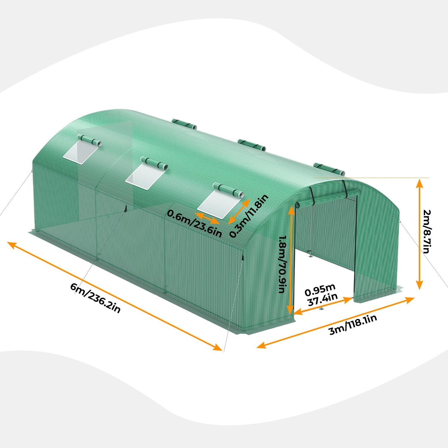 Stabilna szklarnia 300 x 600 x 200 cm z drzwiami i 6 oknami, domek dla roślin, stal ocynkowana PE, tunel foliowy do ochrony roślin, zielona