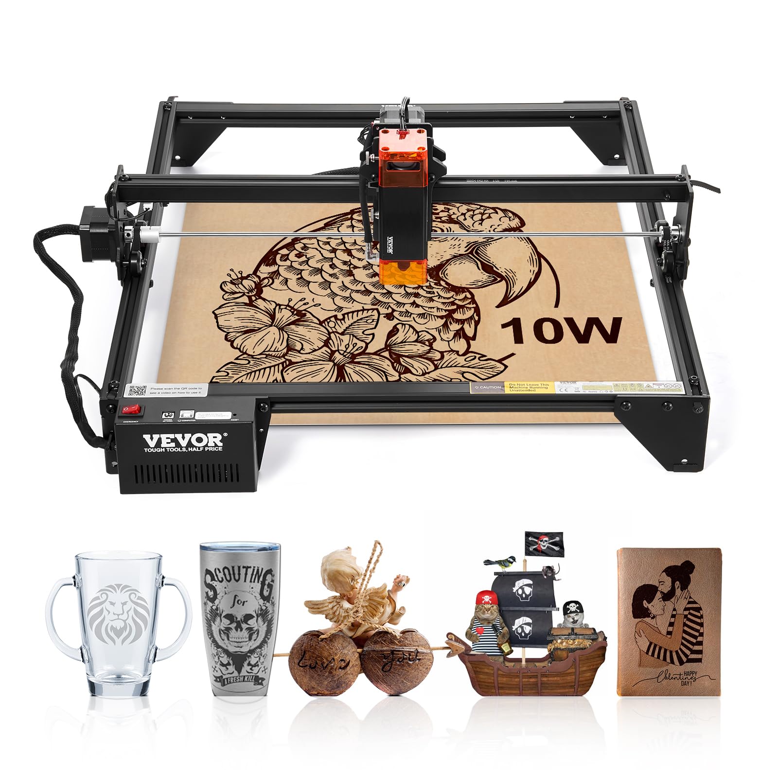 VEVOR 10W Output, Laser Engraving Cutter Machine, 14.9 x 15.7 in/38 x 40 cm Working Area, 10000 mm/min Movement Speed, Compressed Spot with Eye Protection, for Wood, Certain Metal, Black
