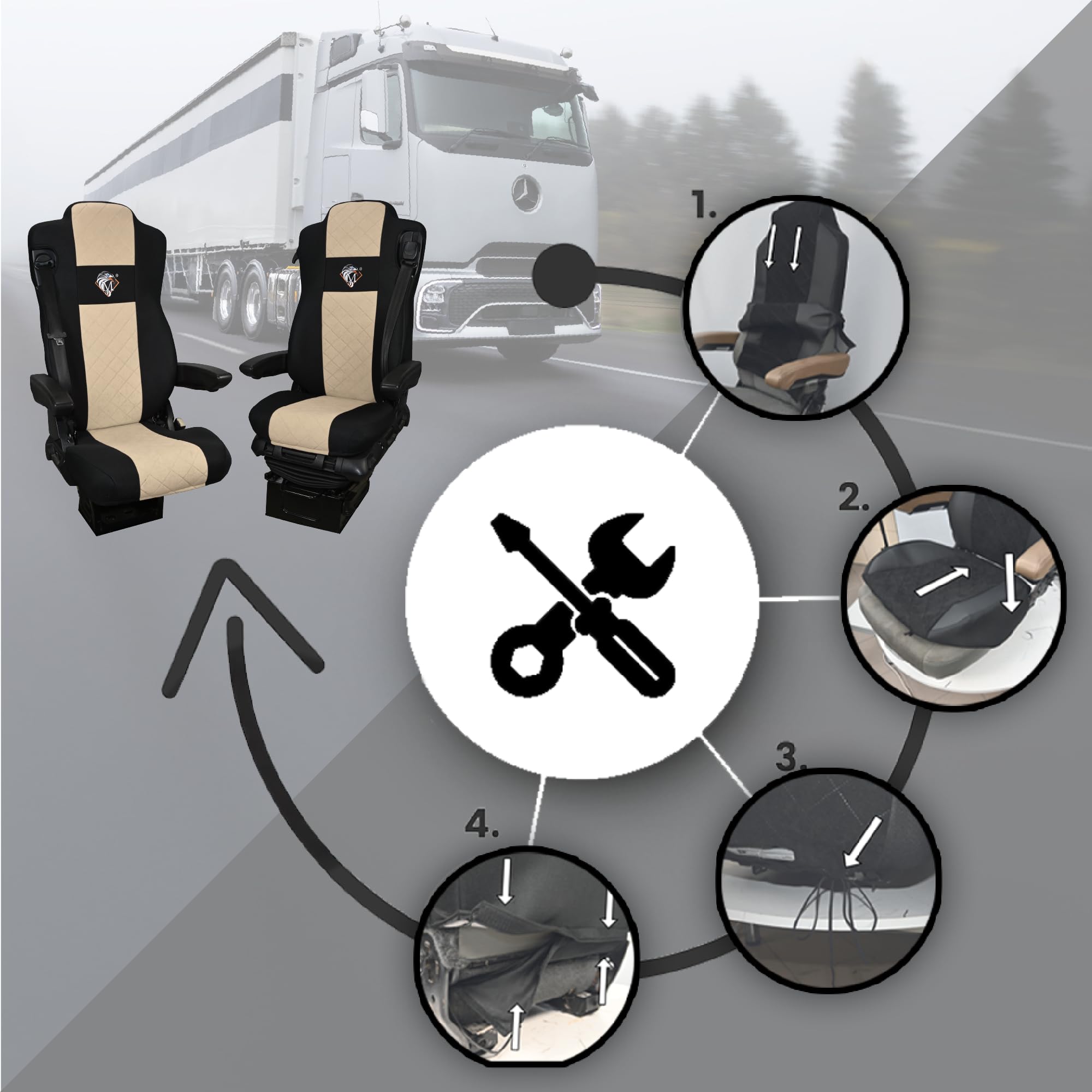 SABA Coprisedile per MERCEDES ACTROS L dal 2022, 2 cinture di sicurezza, sedili tipo aereo, sedile passeggero non sospeso Beige Accessori di Protezione per Sedili di Camion