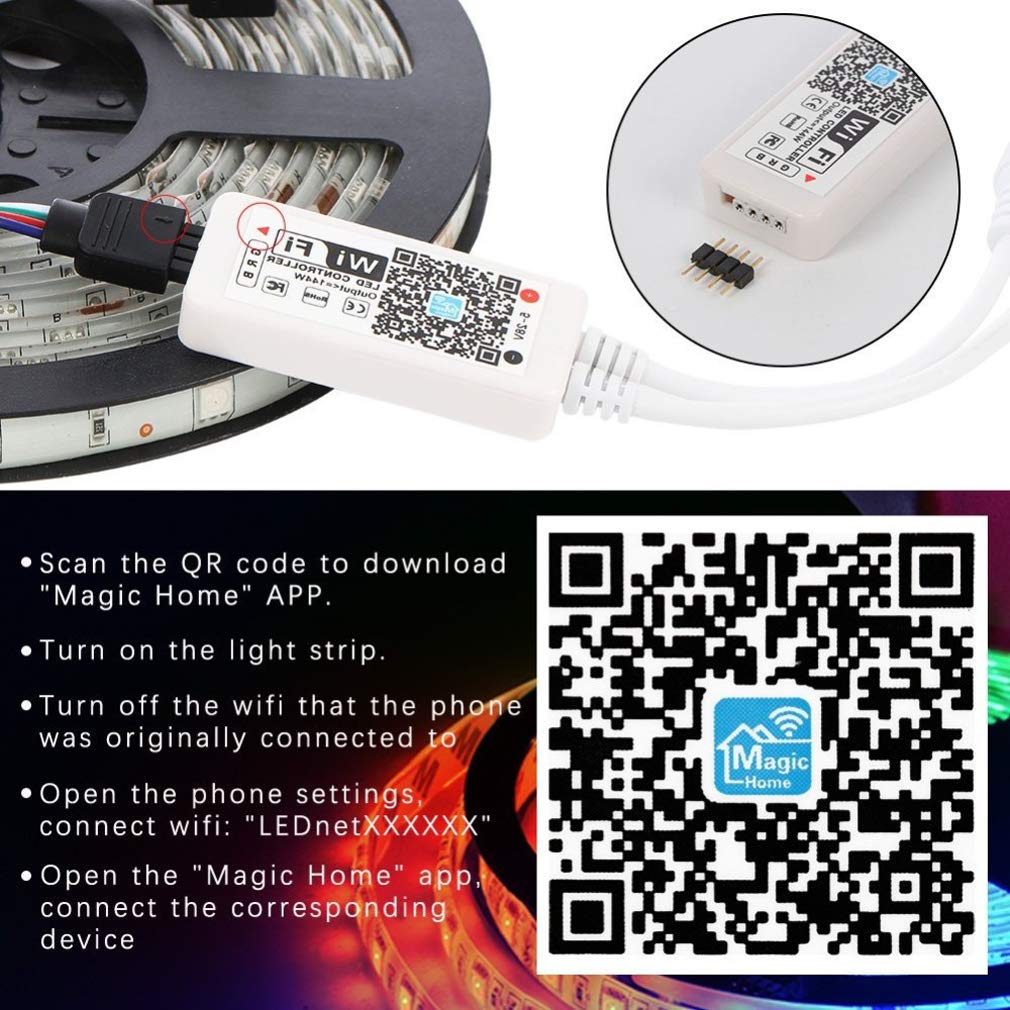 Tira Led RGB 5M, Luces Led Smart 5050 Control App Habitacion con Controlador WiFi Sincronizar Música 24 Teclas Control Remoto RF Luz De Ambiente para El Hogar Dormitorio Habitación TV Fiesta,20M