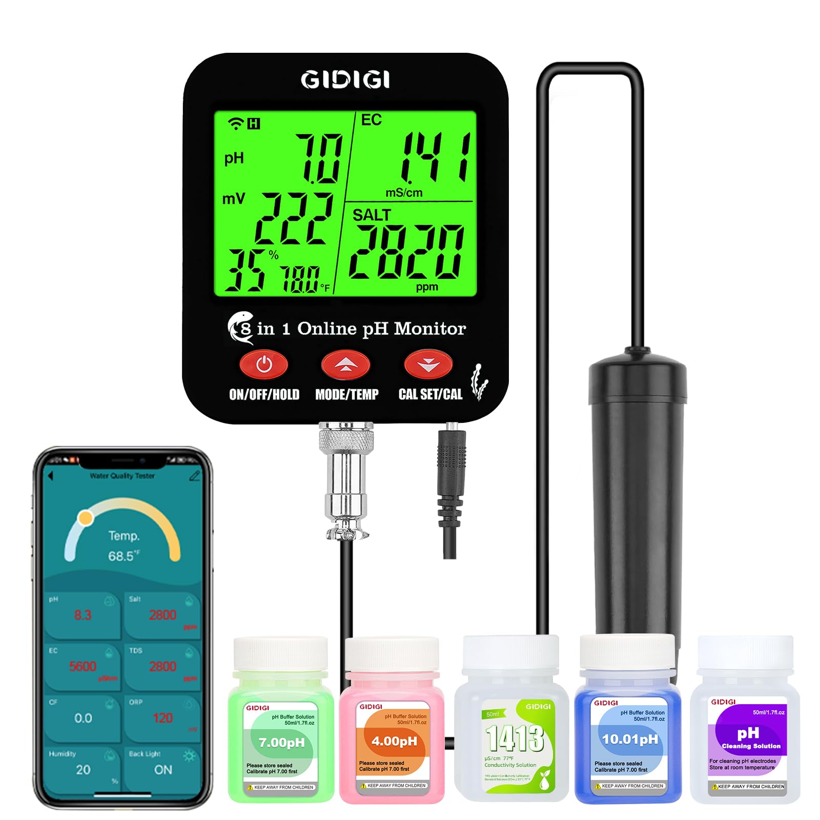 pH ppm WiFi-Monitor, intelligenter 8-in-1 Wasserqualitätstest, hydroponischer pH EC-Messer, pH TDS EC Salz ORP-Tester mit Kalibrierlösungs-Kit, Salzgehalt-Tester für Aquarien