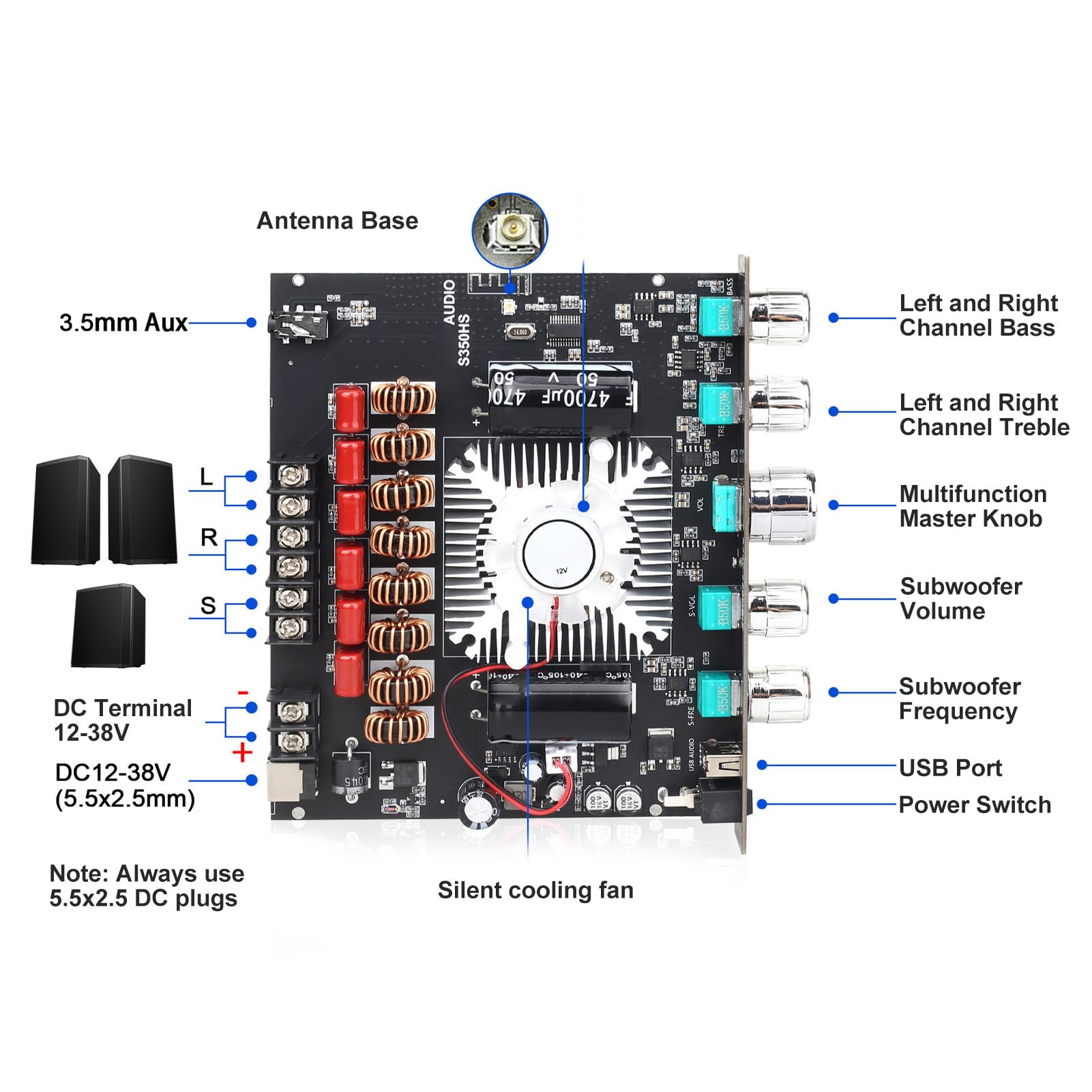 BT 5.1 Amplificatore Scheda stereo 2.1 Canale 350W 220W x 2 Modulo amplificatore audio Bluetooth ad alta potenza con controllo dei bassi di ingresso USB Aux per il audio audio