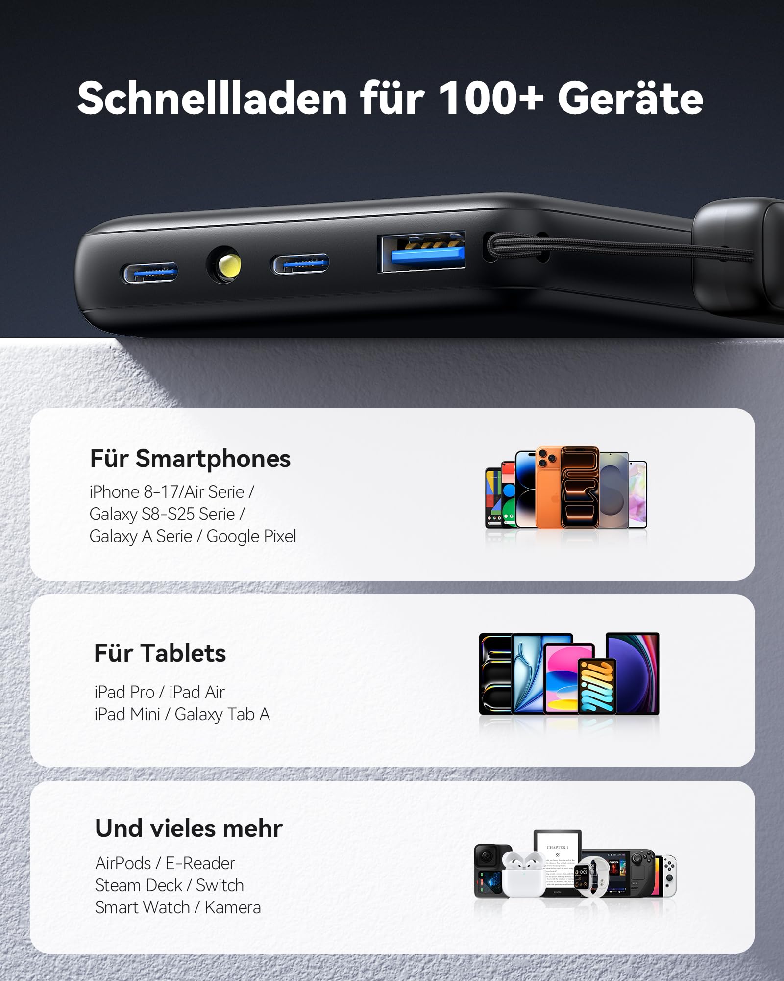 INIU Power Bank, Kleiner 45W Schnellladen 10000mAh Powerbank mit Abnehmbar USB C Kabel, Flugtauglich & Reise-Essential, Externe Handyakkus für iPhone 17 16 15 Pro, Samsung S25, Xiaomi, iPad etc