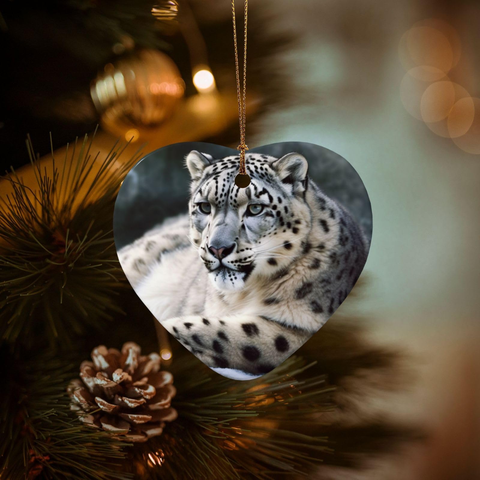 Christmas Ornaments for Christmas Tree Decoration Hanging Snow Leopard Ornament with Gold Ribbon Crafts Heart Shape Ceramic Pendant for Keepsake Gifts Xmas Decor Party Supplies