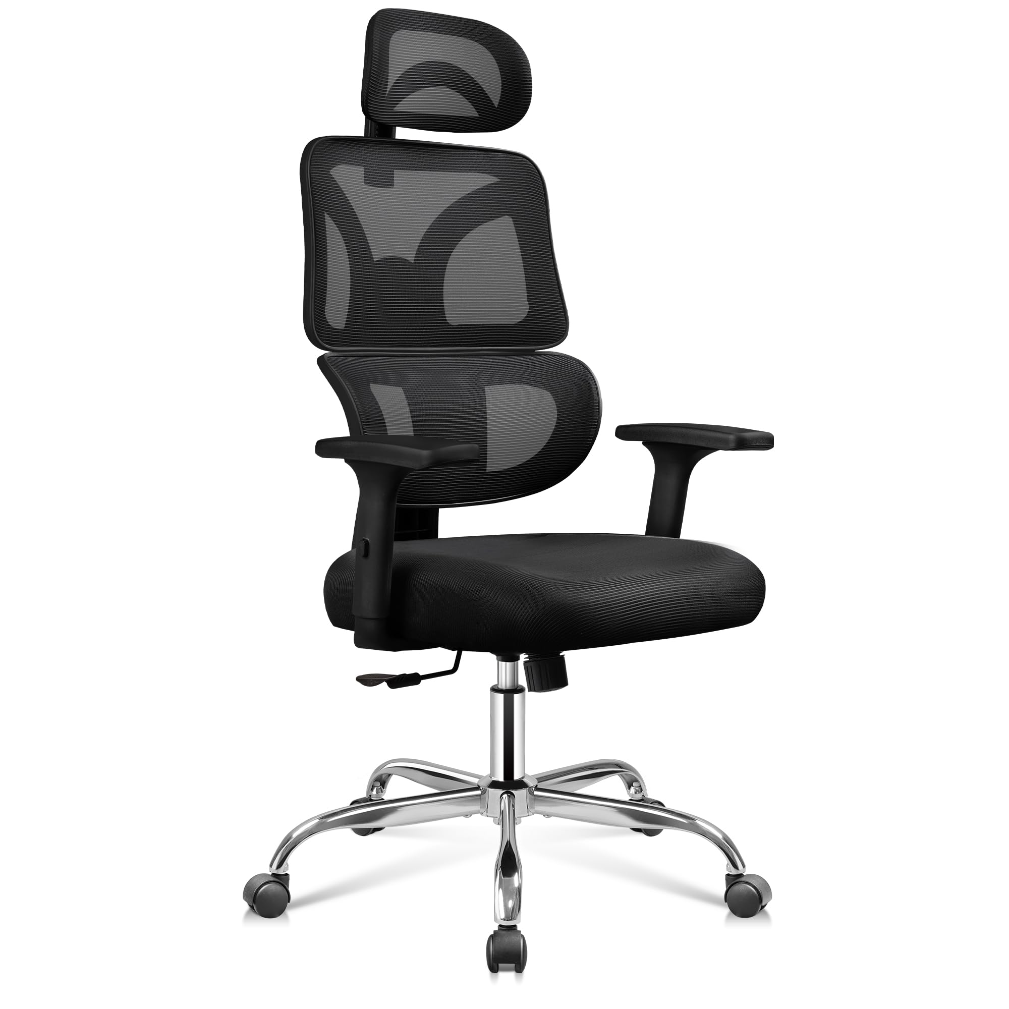 DEVAISE Silla de Oficina Ergonómica, Reposacabezas 3D y Reposabrazos 3D de Rebote, Inclinación 90°-135°, Malla Transpirable, Soporte hasta 180 kg, Altura Ajustable para Oficina, Negro