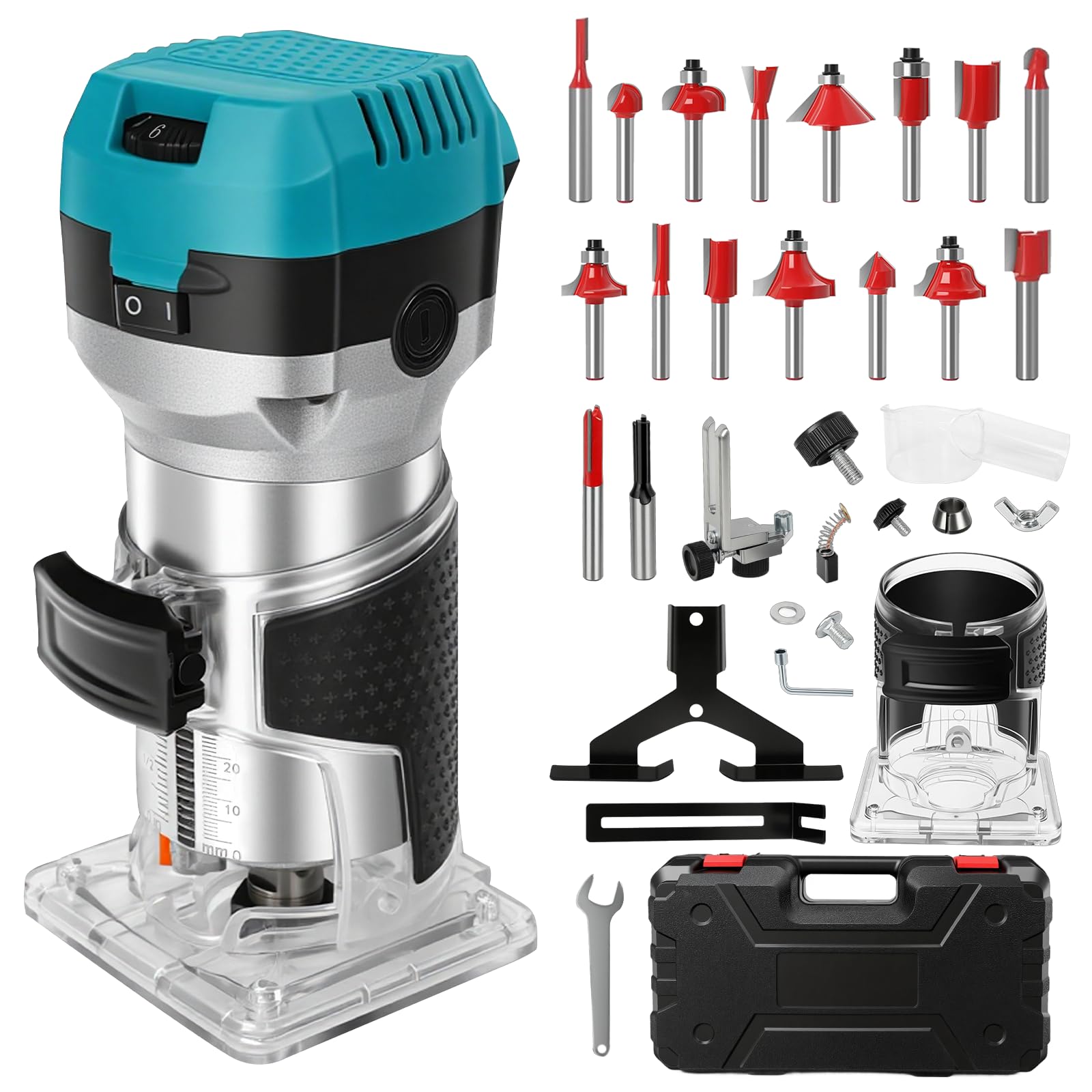 Holzfräse Oberfräse Electric Hand Holz Fräsmaschine mit Koffer - 15 Set Zubehör 980 W 330000 R/min 6,35 mm 8mm - Wood Router Kantenfräse Handpalmenfräser für die Holzbearbeitung