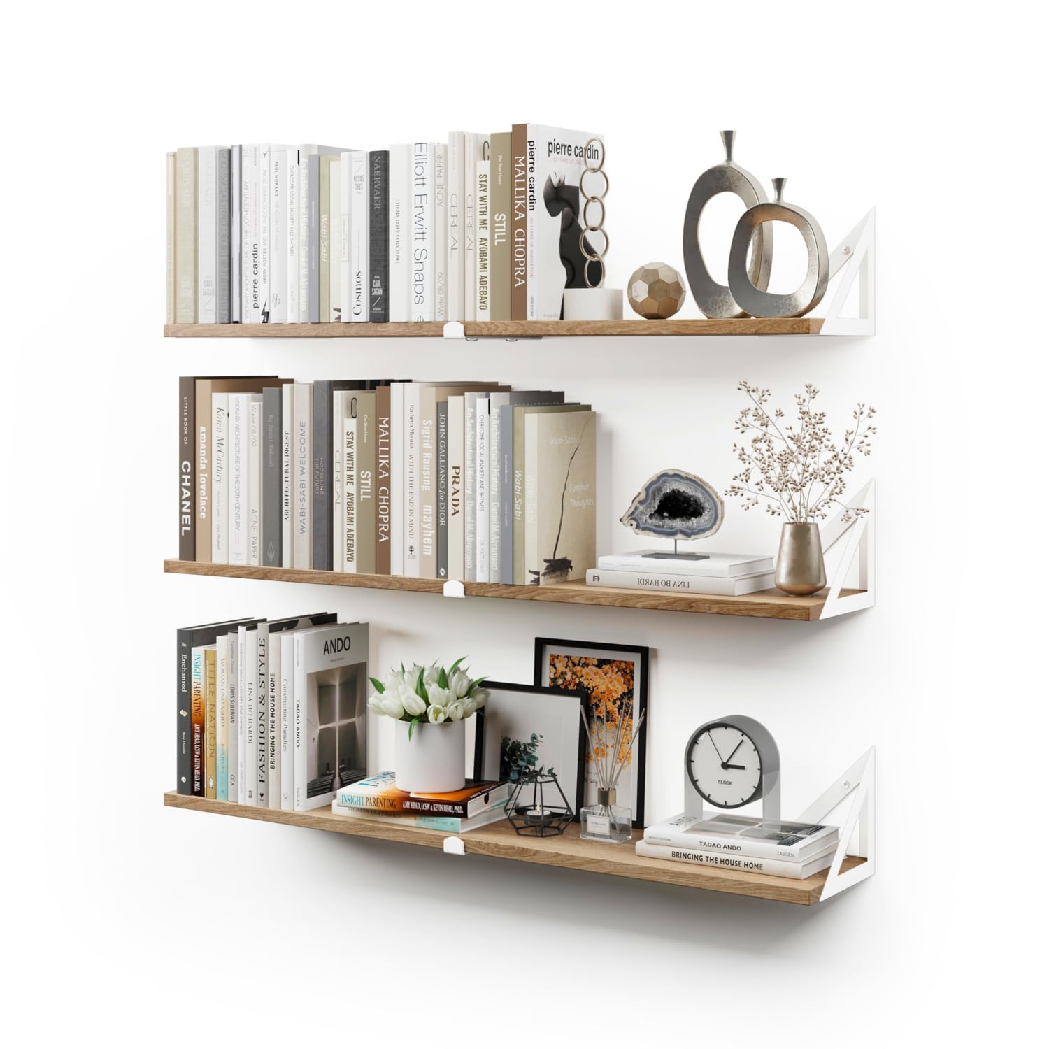 CASSA NOKO Wall Mounted Floating Book Shelves for Wall Set of 3, Shelf Bookshelf for Bedroom Living Room Office Bathroom Kitchen Rustic Wood with Metal Bracket (Natural White Large)