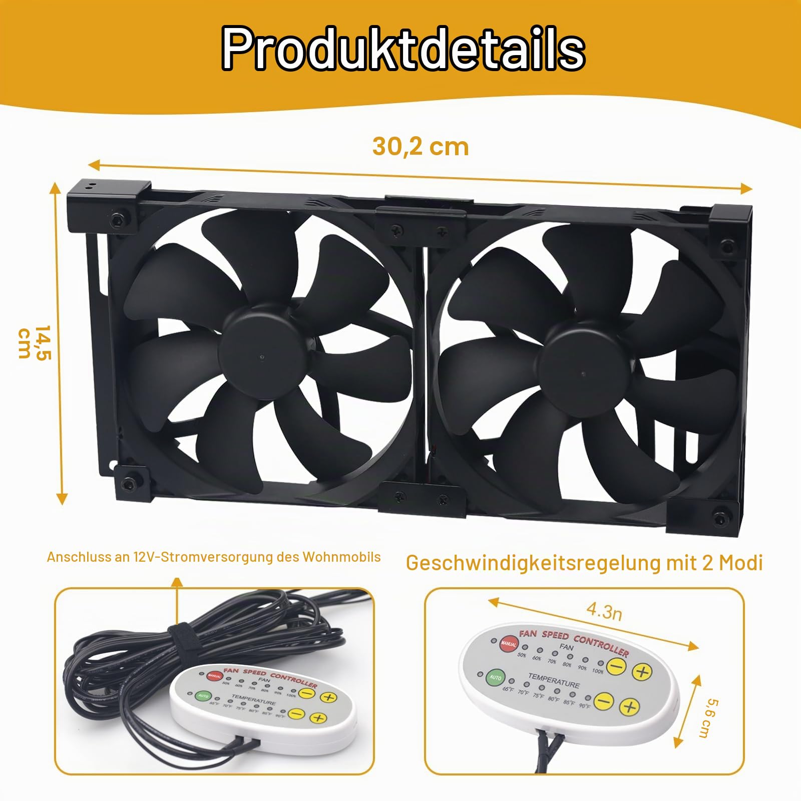 12 V RV-Kühlschrank-Lüfter, 140 mm, passend für Kühlschrank-Entlüftung und Lüftungsgitter, einstellbare Temperatureinstellungen, High-Tech-Fernbedienung mit manuellen/automatischen Modi, wasserdicht
