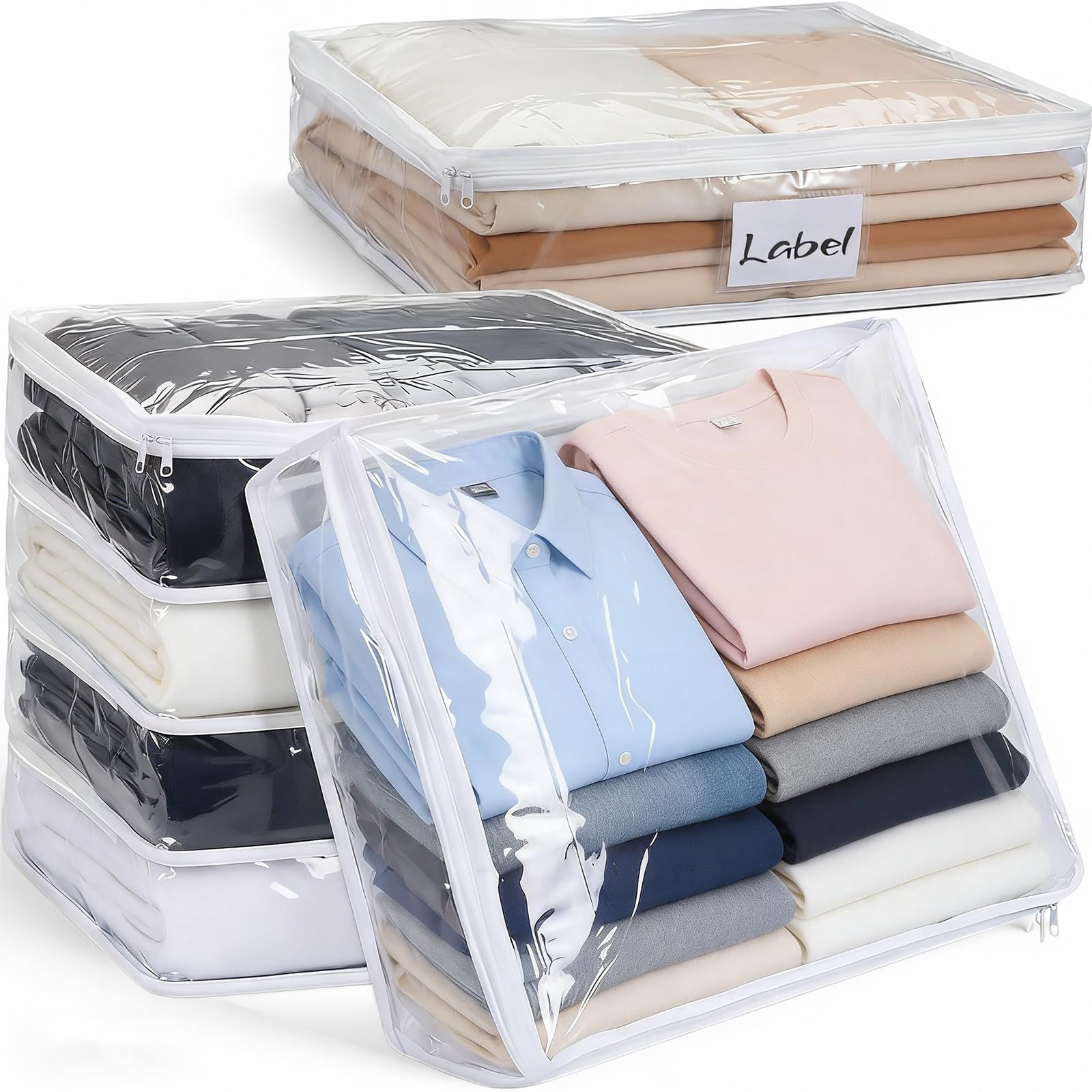 6 Pcs Clothes Storage Bags with Zipper, Clear Organizer Bag, Plastic Clothing Pouches for Closet, Zippered Packing Cubes for Sweater, Blanket, Bed Sheet, Quilt, Pillow (40 * 35 * 10cm)