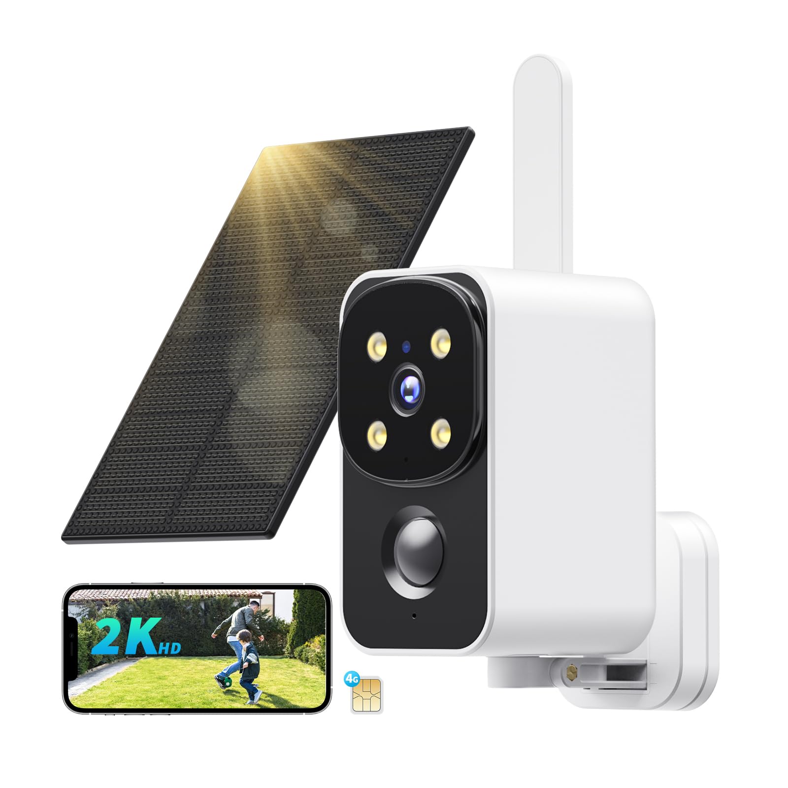 PESAIR 4G LTE Cámara de Vigilancia con Tarjeta SIM, 180° Camara Vigilancia Exterior con Panel Solar, 2K HD Seguridad Portátil, 9000mAh, Color Visión Nocturna, PIR, sin Wi-Fi