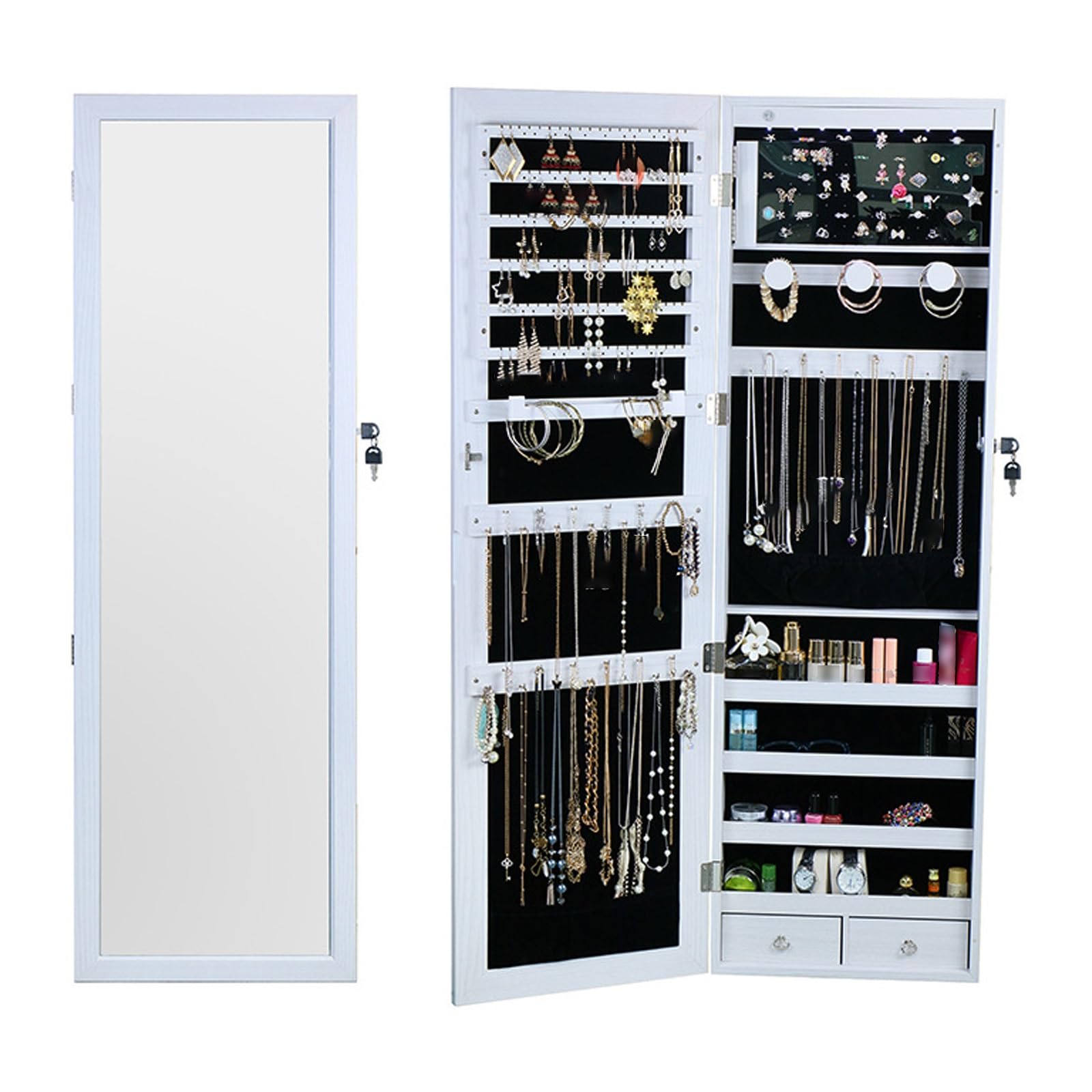 TBLOTYD Jewelry Armoire with Full-Length Mirror, Jewelry Cabinet, Lockable Jewelry Organizer, Wall Or Door-Mounted, Large Capacity,White