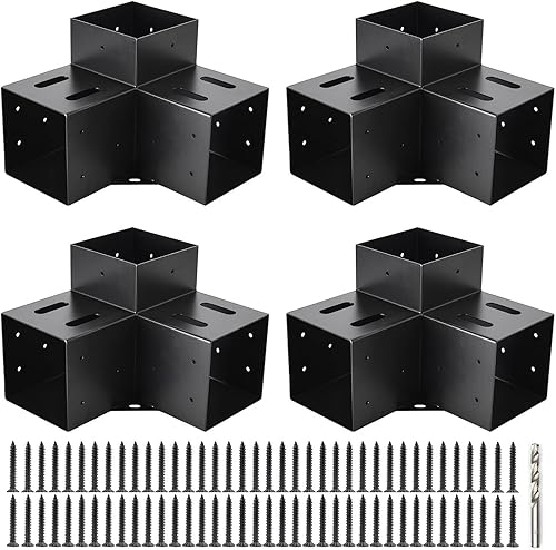 Kit de pérgola 4x4, soportes para pérgola de 3 vías de ángulo recto y base de poste con recubrimiento de polvo negro, tamaño modular, carpintería de