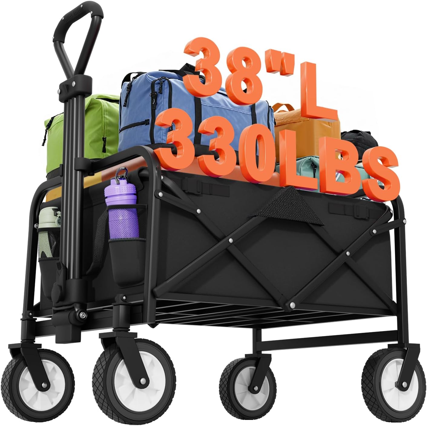 PayLessHere | Collapsible Wagon Cart with Wheels | Black | Heavy Duty Foldable Utility Cart with 330 lb Capacity | with All-Terrain Wheels & Adjustable Handle for Outdoor, Garden, Beach, Shopping