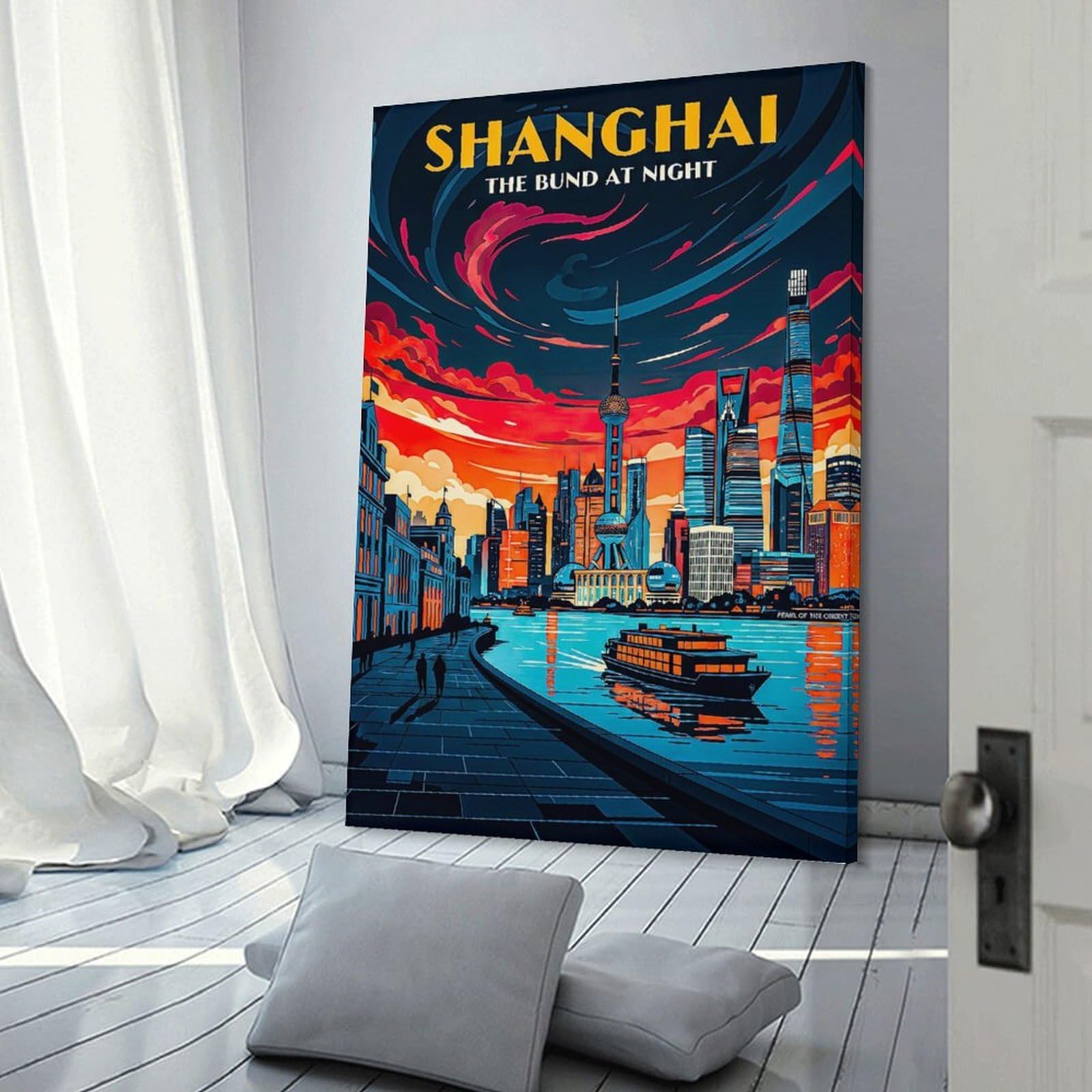 Junmoney Shanghai Bund at Night Canvas Wall Decor 24x36inch(60x90cm), for Lounge, Study, Hallway Or Flat Walls, Canvas Wall Art That Fits Changing Layouts