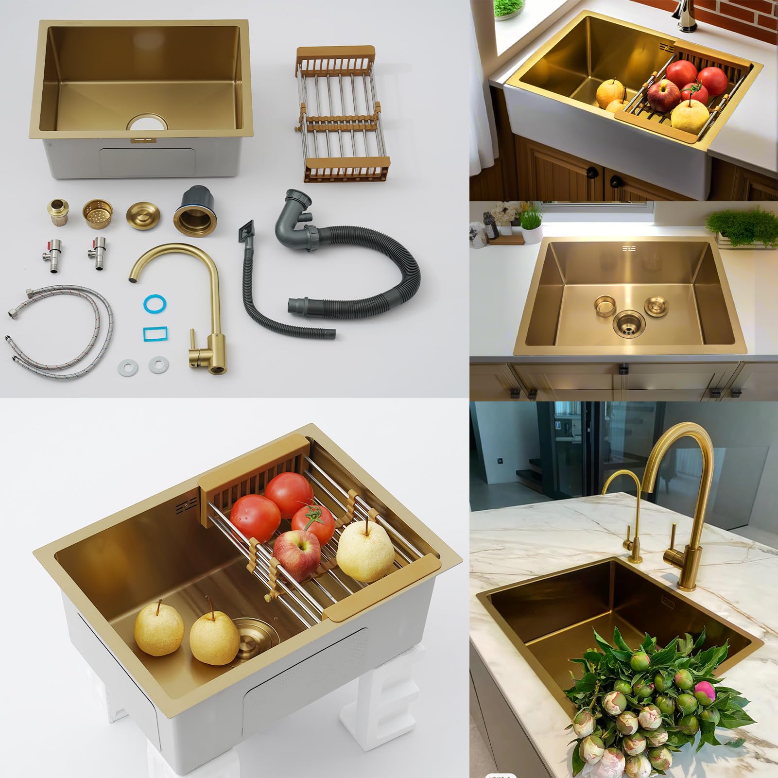 Fregadero de cocina de acero inoxidable dorado 60x40 cm 1 cubeta con grifo y juego de drenaje