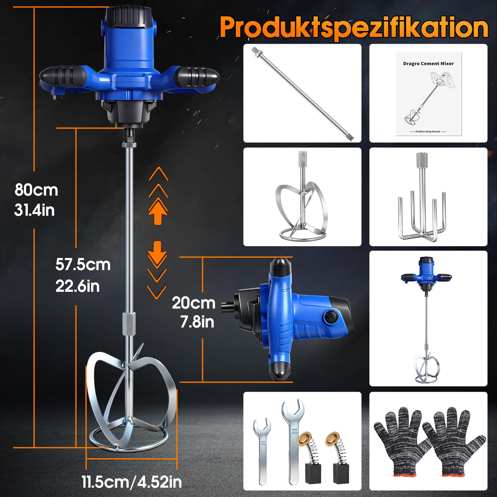 Mescolatore per malta da 3500 W, miscelatore per calcestruzzo, miscelatore per calcestruzzo, 6 velocità, regolazione della velocità, agitatore elettrico, miscelatore per malta M14, agitatore ø120 mm