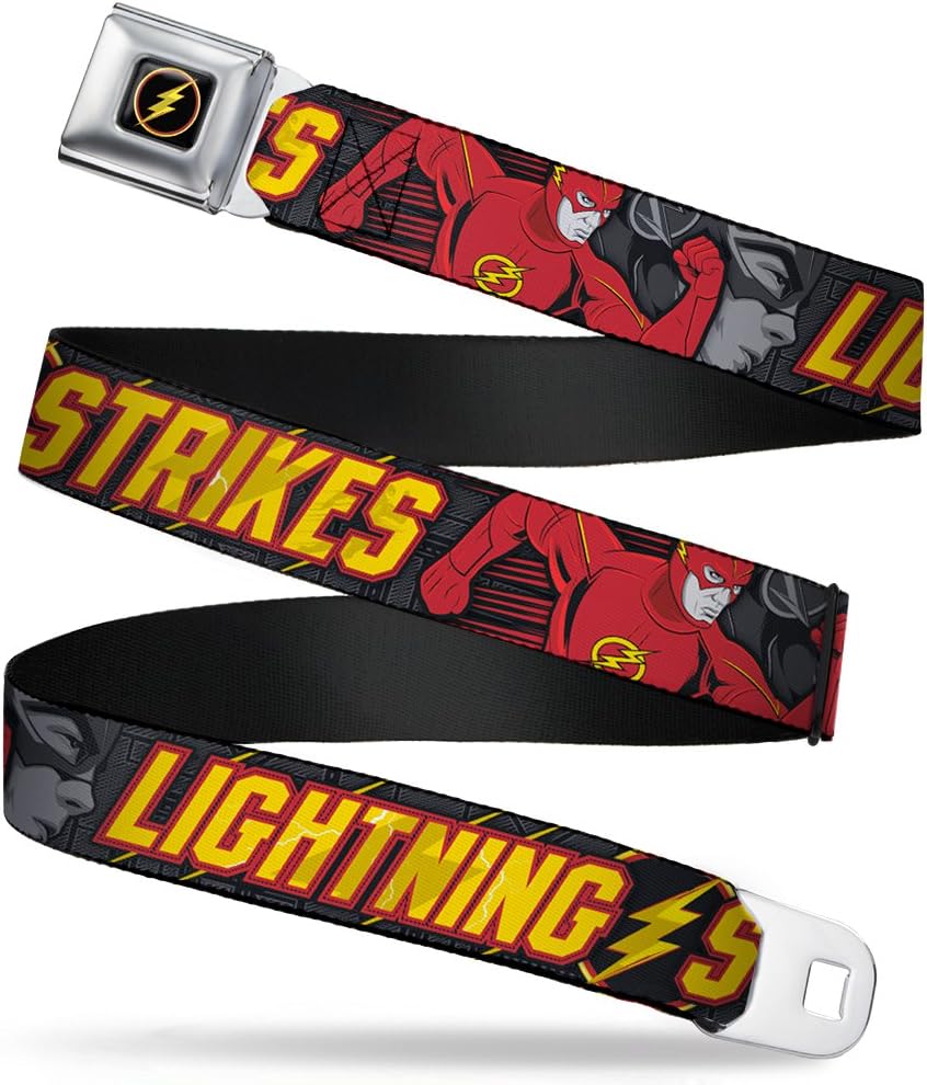 Buckle-Down Seatbelt Belt - The Flash Running Poses LIGHTNING STRIKES Grays/Red/Yellow - 1.0" Wide - 20-36 Inches in Length