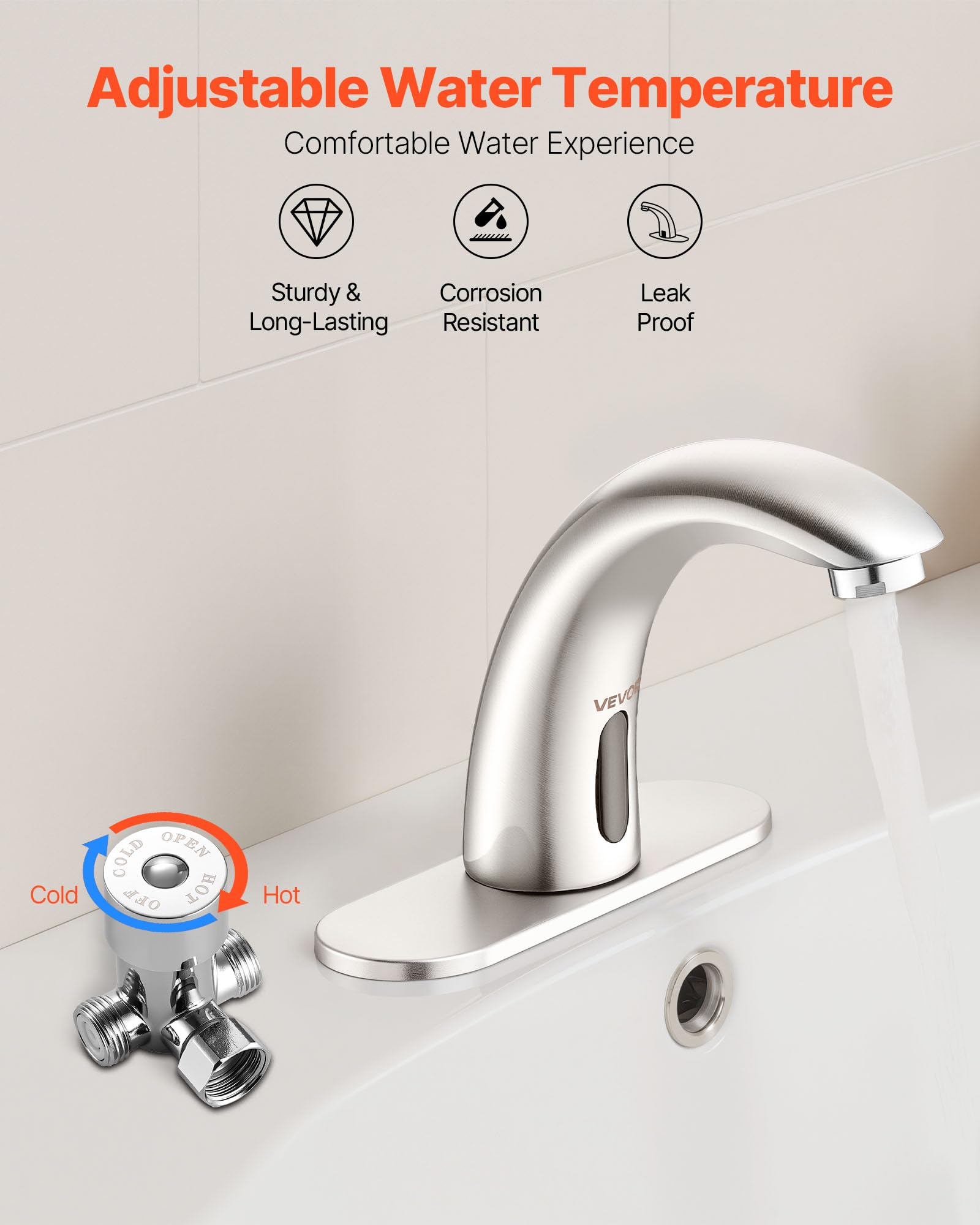 VEVOR Robinet Automatique sans Contact, Mitigeur Lavabo à Capteur de Mouvement, Mélangeur d’Eau Chaude et Froide Température Réglable, pour Tuyau 9,5 mm, Cuisine Salle de Bain, Nickel Argenté Brossé