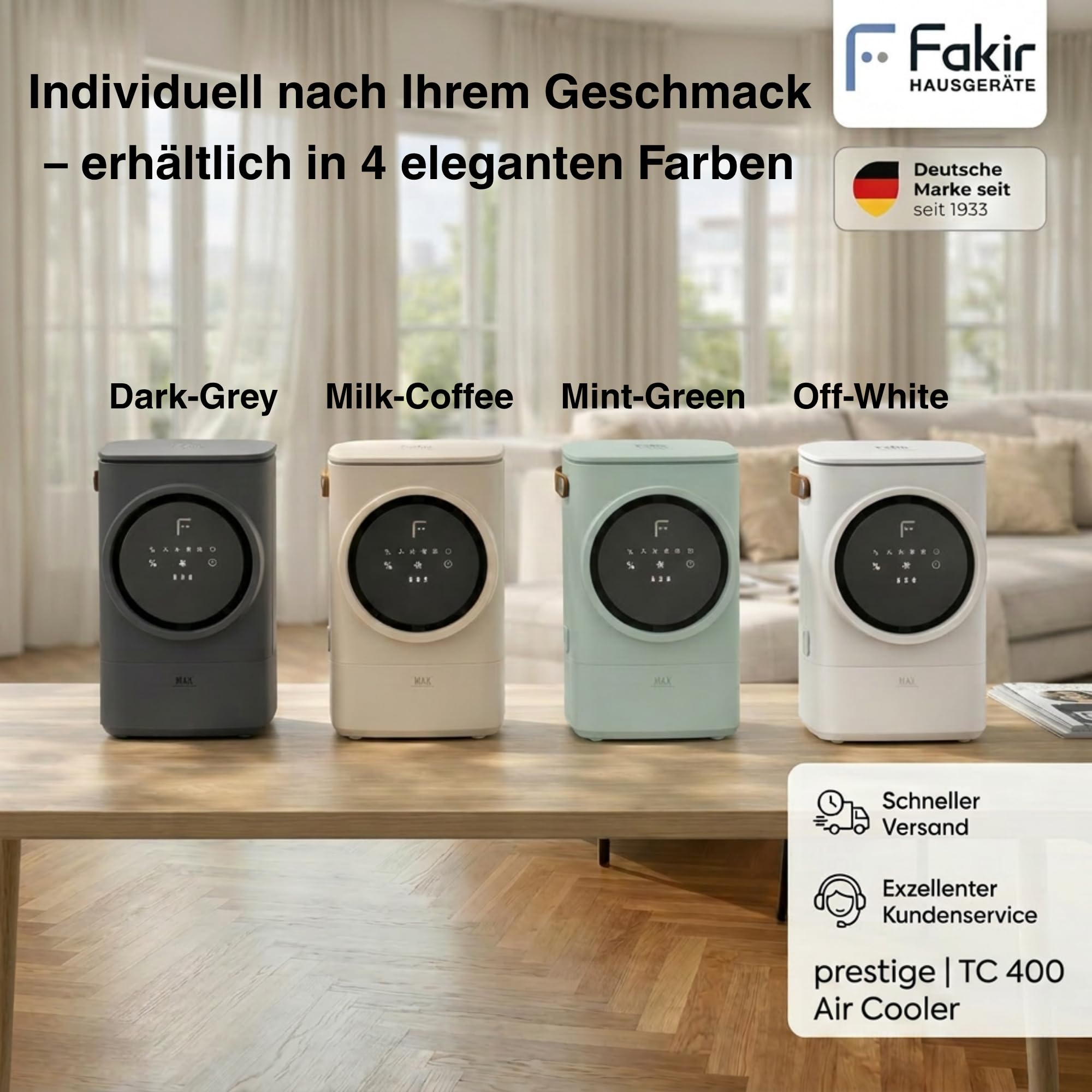 Fakir prestige TC 400 Mobiler Luftkühler kabellos - Air Cooler mit Li-Ionen-Akku, Verdunstungskühlung, Auto-Trocknungsfunktion, 4 Stufen, 24 dB(A), Dual-Befüllung, Farbe: Off-White