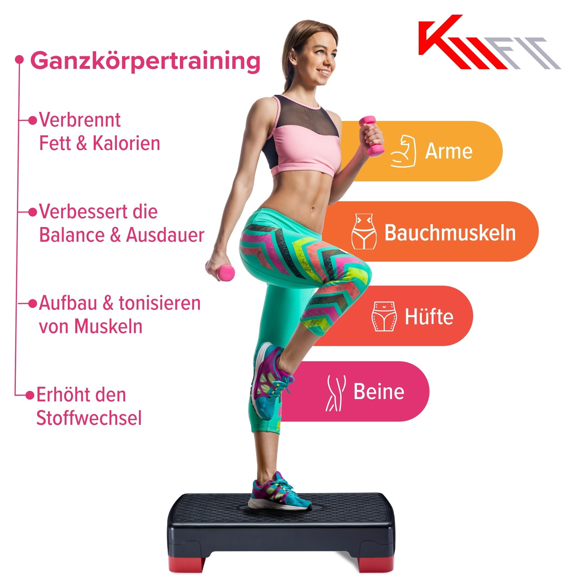 KM-Fit Fitness Stepper | Steppbrett Aerobic Stepper für zuhause | Step-Bench 2-fach höhenverstellbar | Belastbarkeit bis 200 kg | Gymnastik Home-Stepper mit Anti-Rutsch-Matte | Aerobic Steppbank