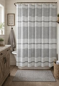 Serafina Home Striped Silver Light Grey Gray & White Cotton Shower Curtain