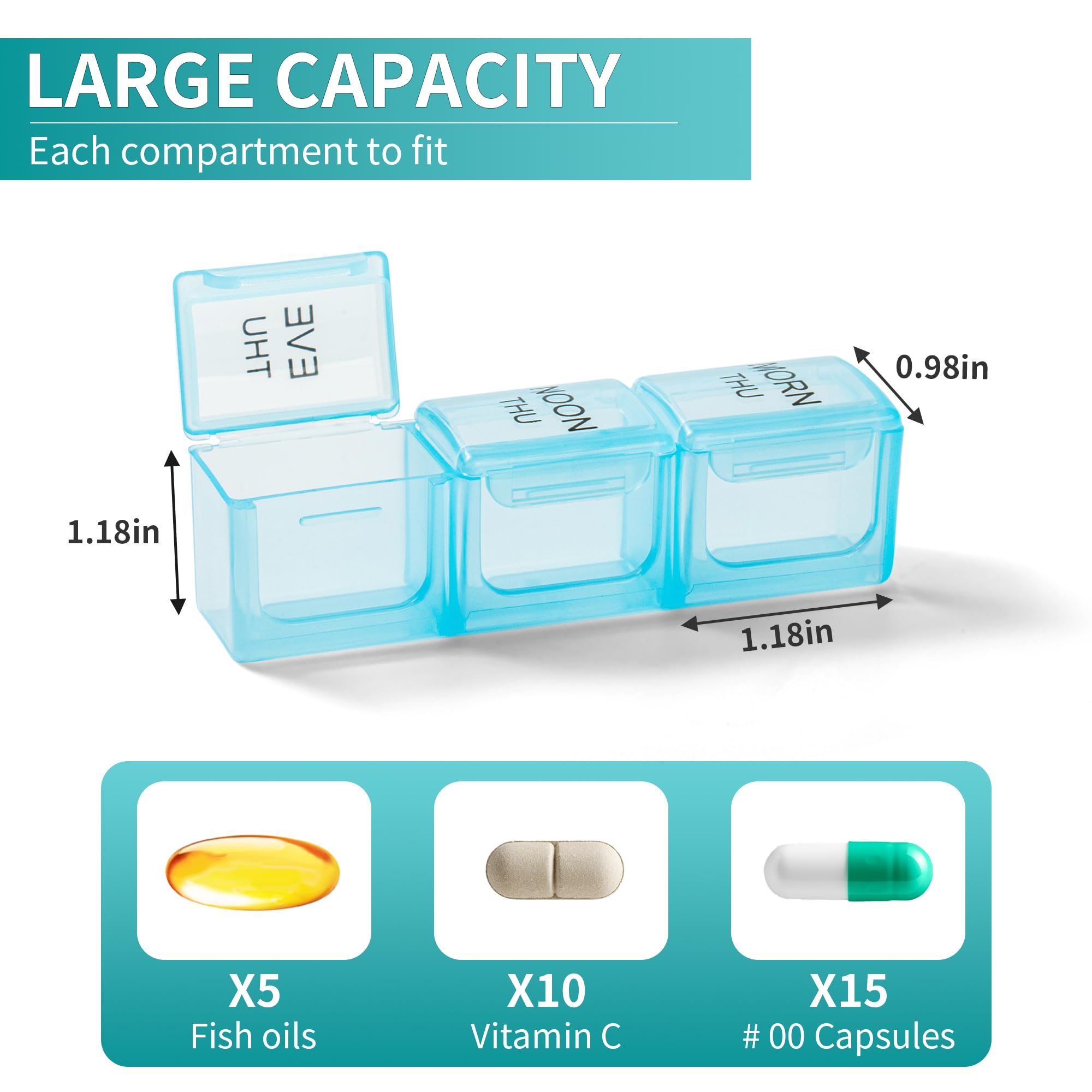 Organizador de pastillas de viaje 3 veces al día, pastillero portátil de 7 días con compartimentos grandes extraíbles, pastilleros diarios para vitaminas, aceite de pescado