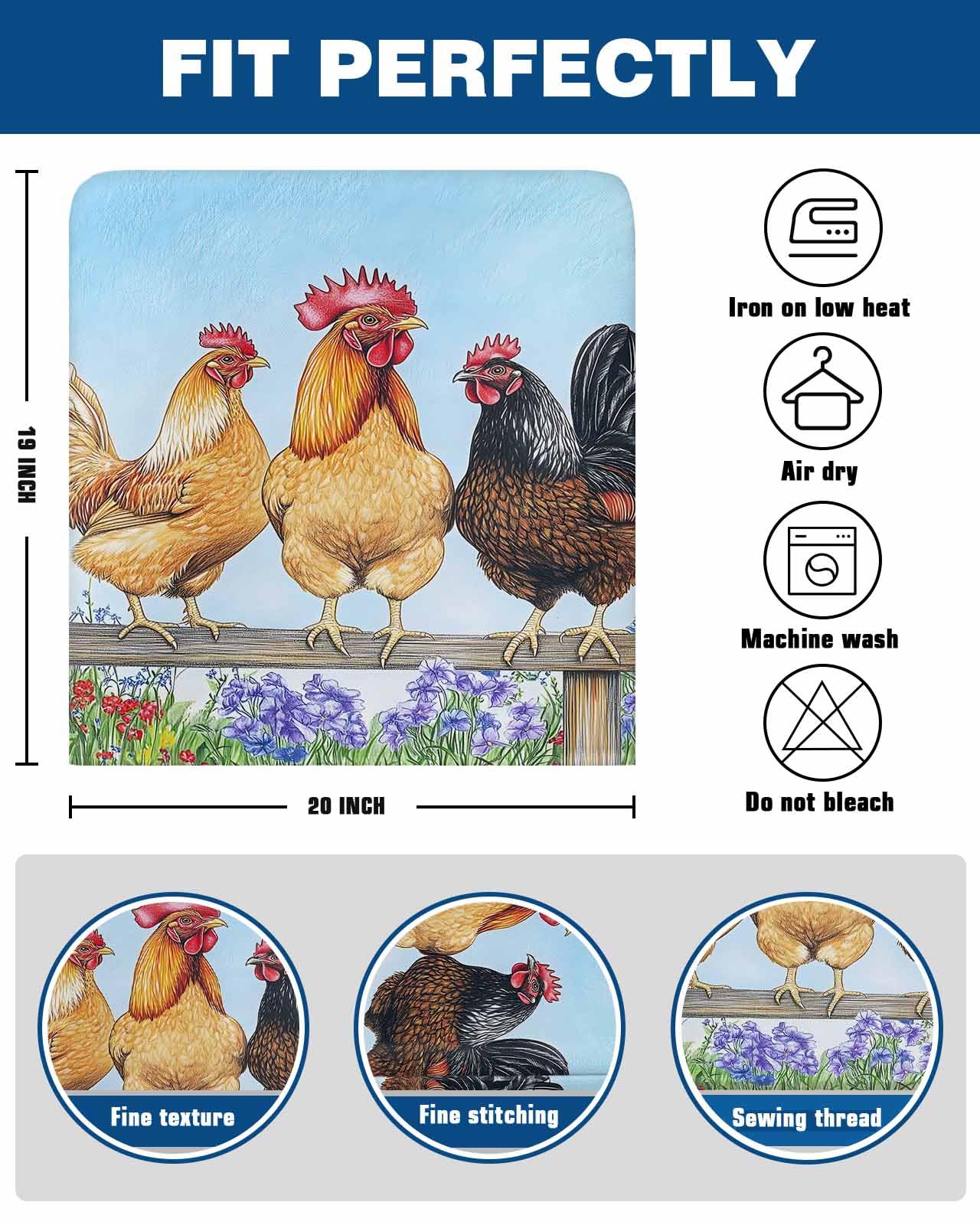Set Of 6 Retro Rooster Chair Back Covers - Washable Slipcovers, Farmhouse Print, Chair Protectors