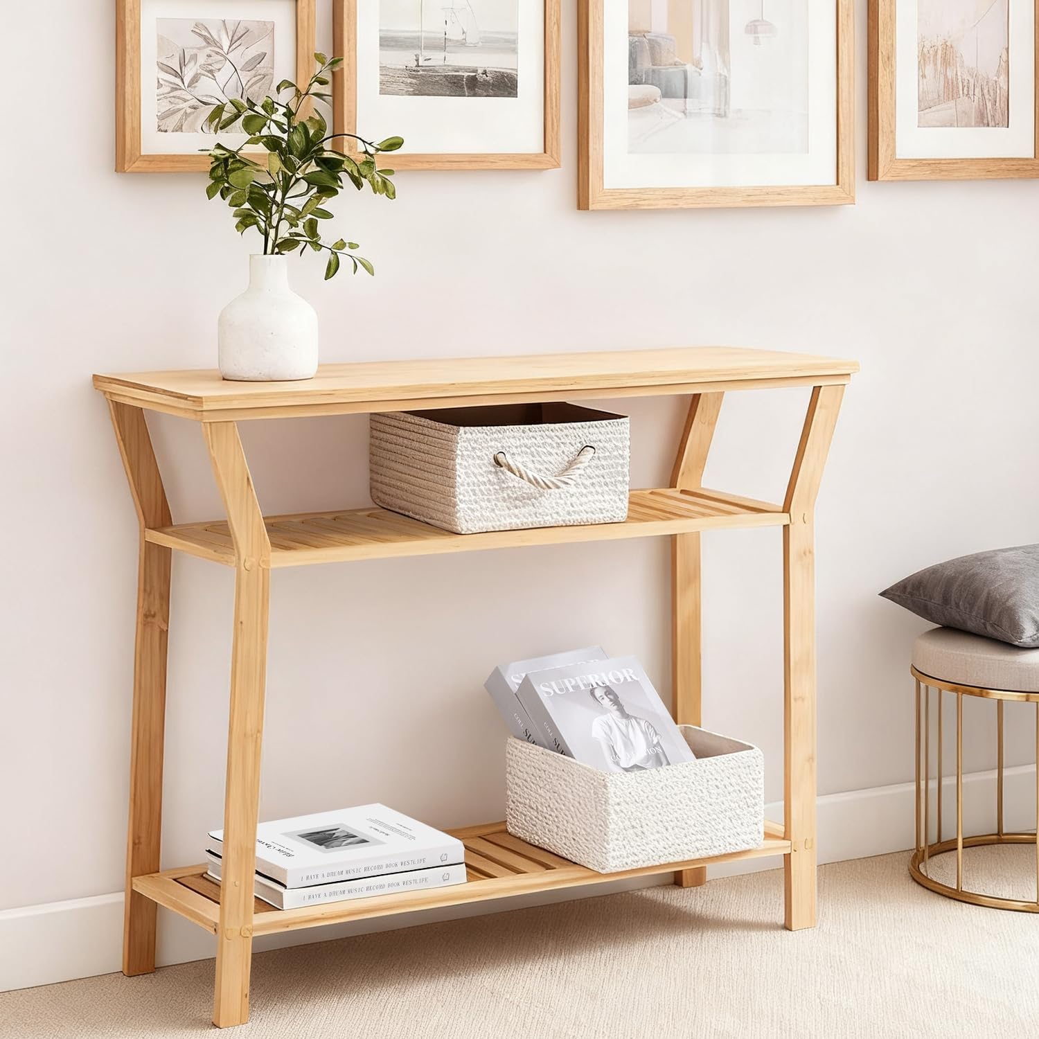 Nnewvante 38.6" Console Table, Bamboo Entryway Table with 3-Tier Storage Shelves, Narrow Sofa Table, Display Table for Entrance, Hallway, Living Room, Foyer