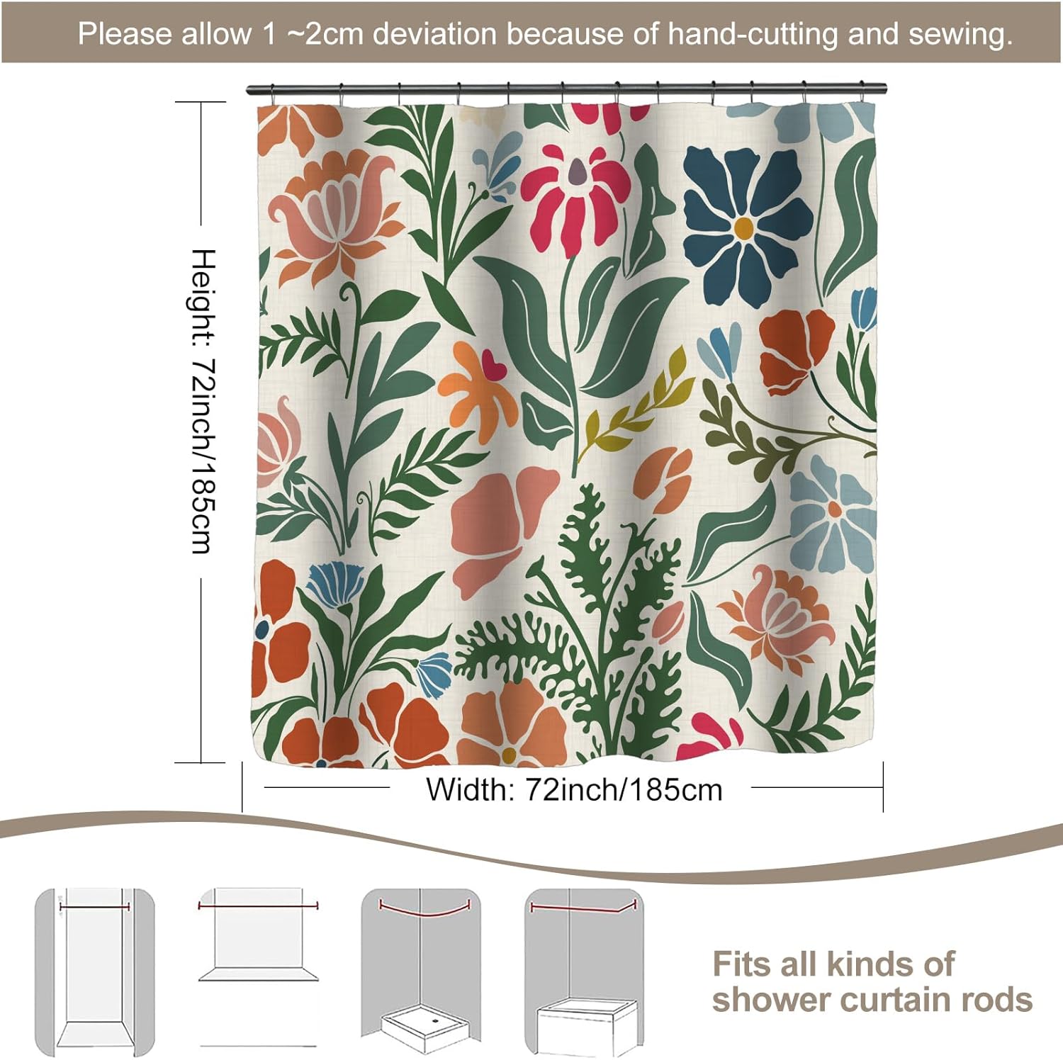 MUGINYU Cute Colorful Floral Linen Shower Curtain, Abstract Botanical Modern Farmhouse Boho Bath Decor, 72" W x 72" L