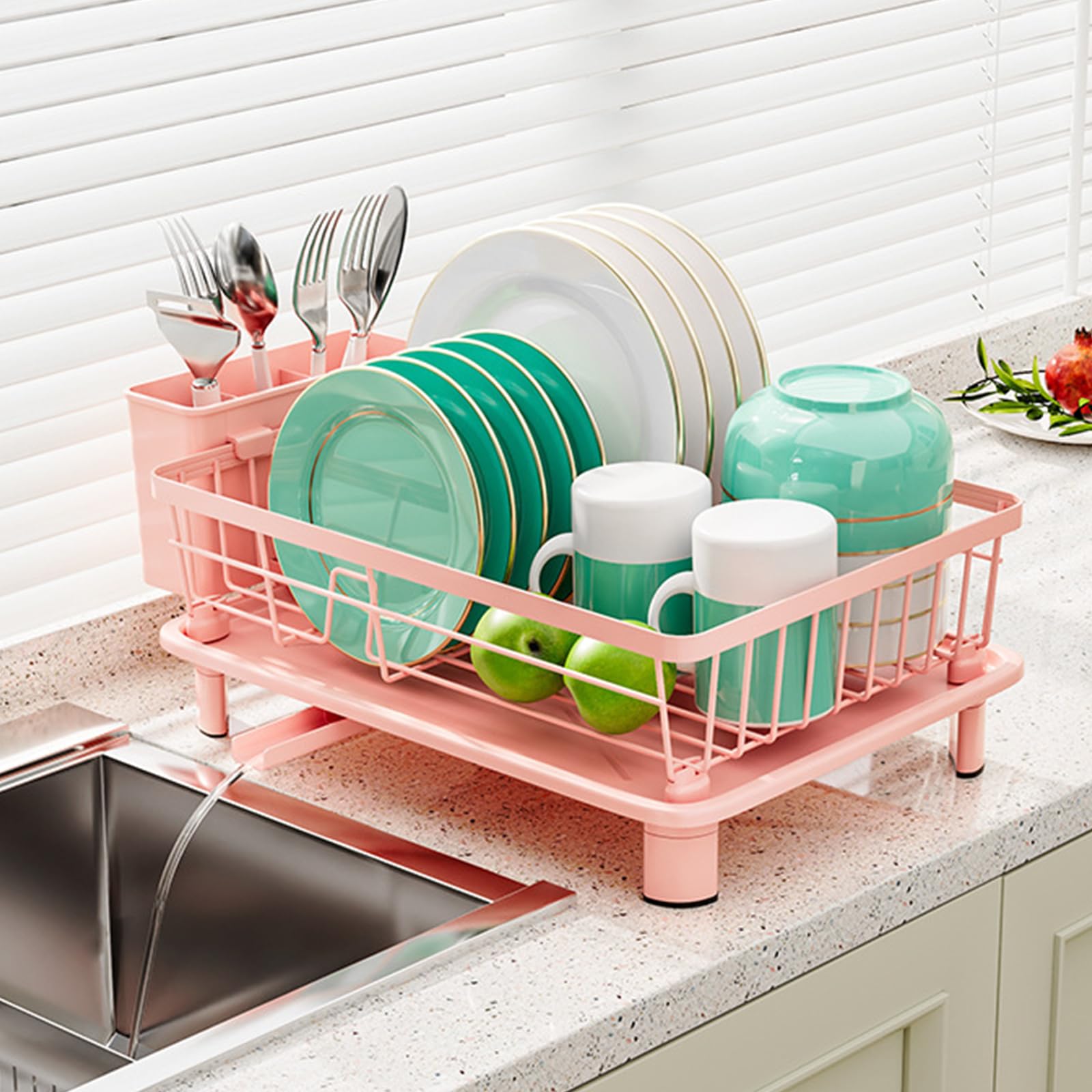 Esenlong Dish Drainer Rack with Drip Tray&Utensil Holder,Space Saving Sink Dish Drainer with Drainage Spout,Pink