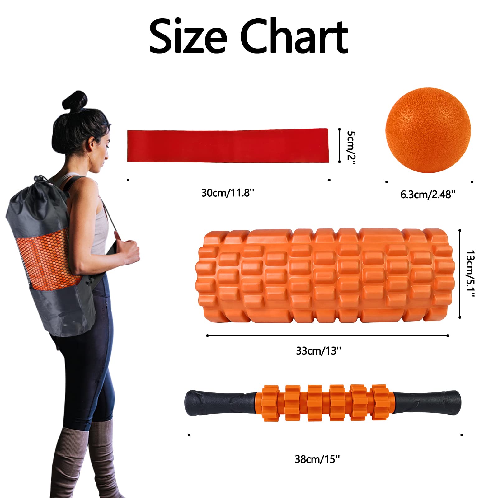 Krightlink 5 in1 Foam Roller Set, High Density Deep Tissue Massager for Muscle Massage, Massage Roller, Massage Ball, Resistance Band for Whole Body Physical Therapy Deep Muscle Massage (Purple): Orange