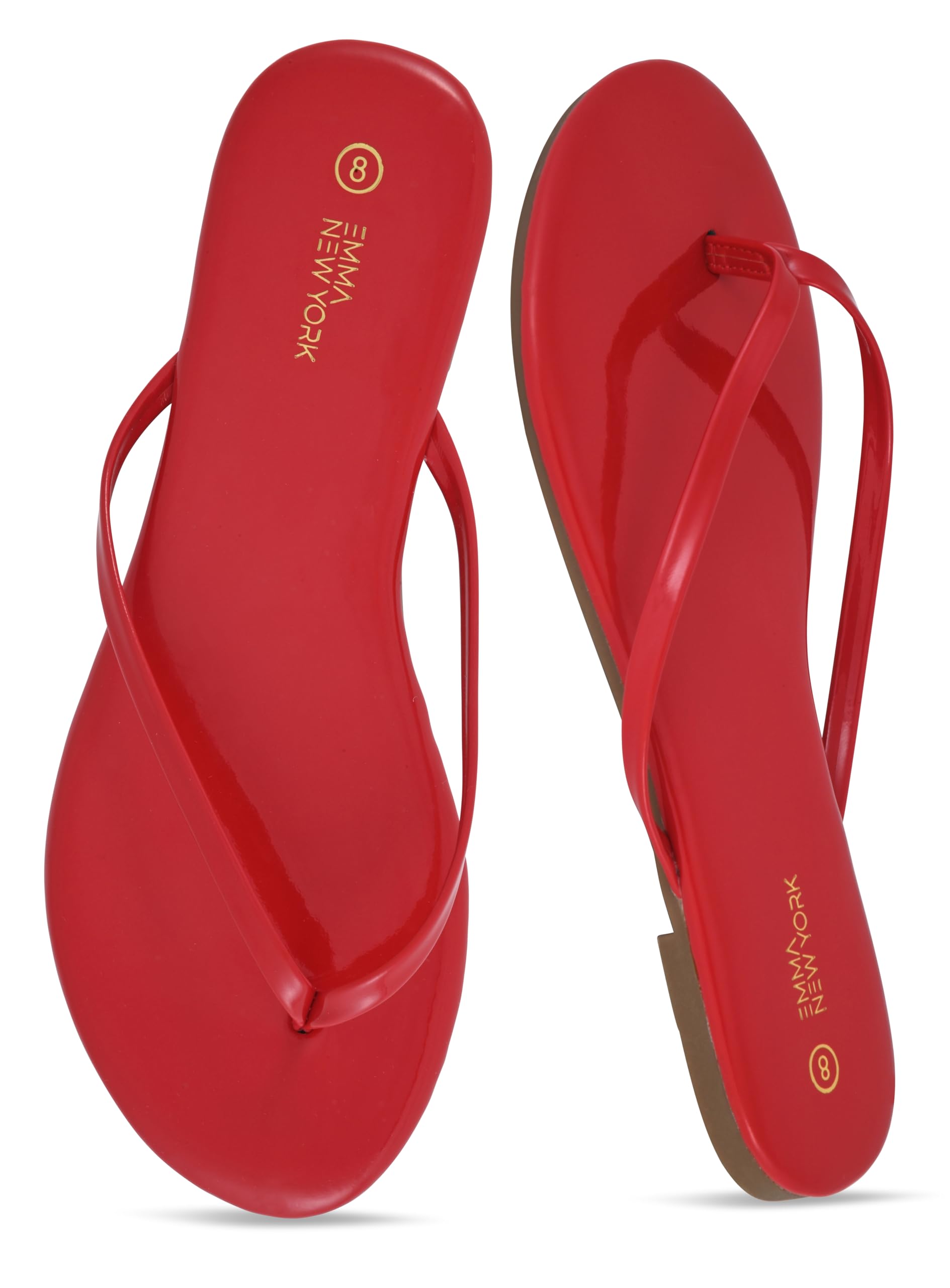 EMMA NEW YORK Flat Sandals for Women, Thong Flip Flops for Women, Cushioned Footbed, Slim Strap (Red Patent, 9)
