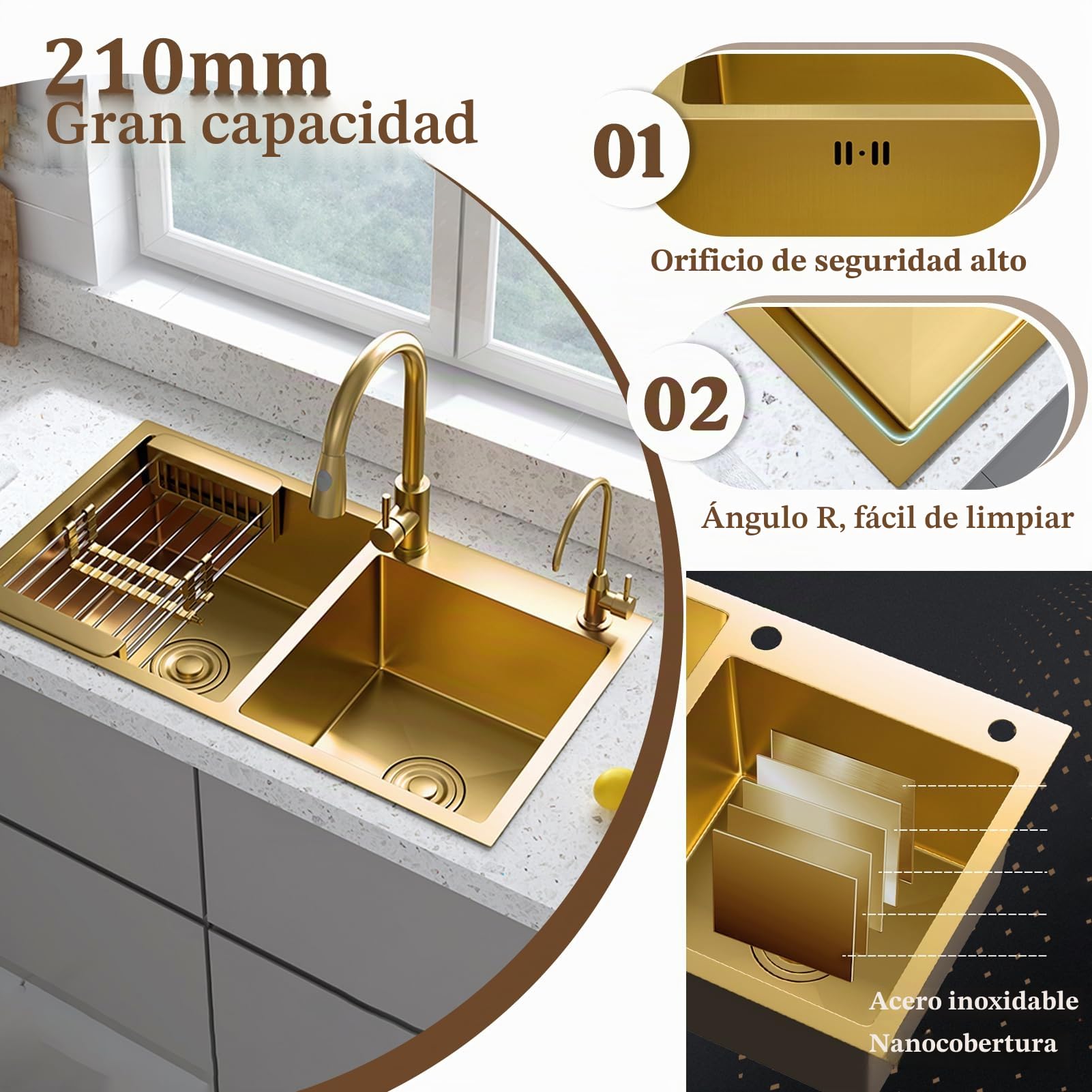 Dorado Fregadero Cocina 2 Seno 75x40cm, Fregadero Cuadrado de Acero Inoxidable con Grifo, Apto para instalación bajo encimera, Enrasado o Sobre encimera