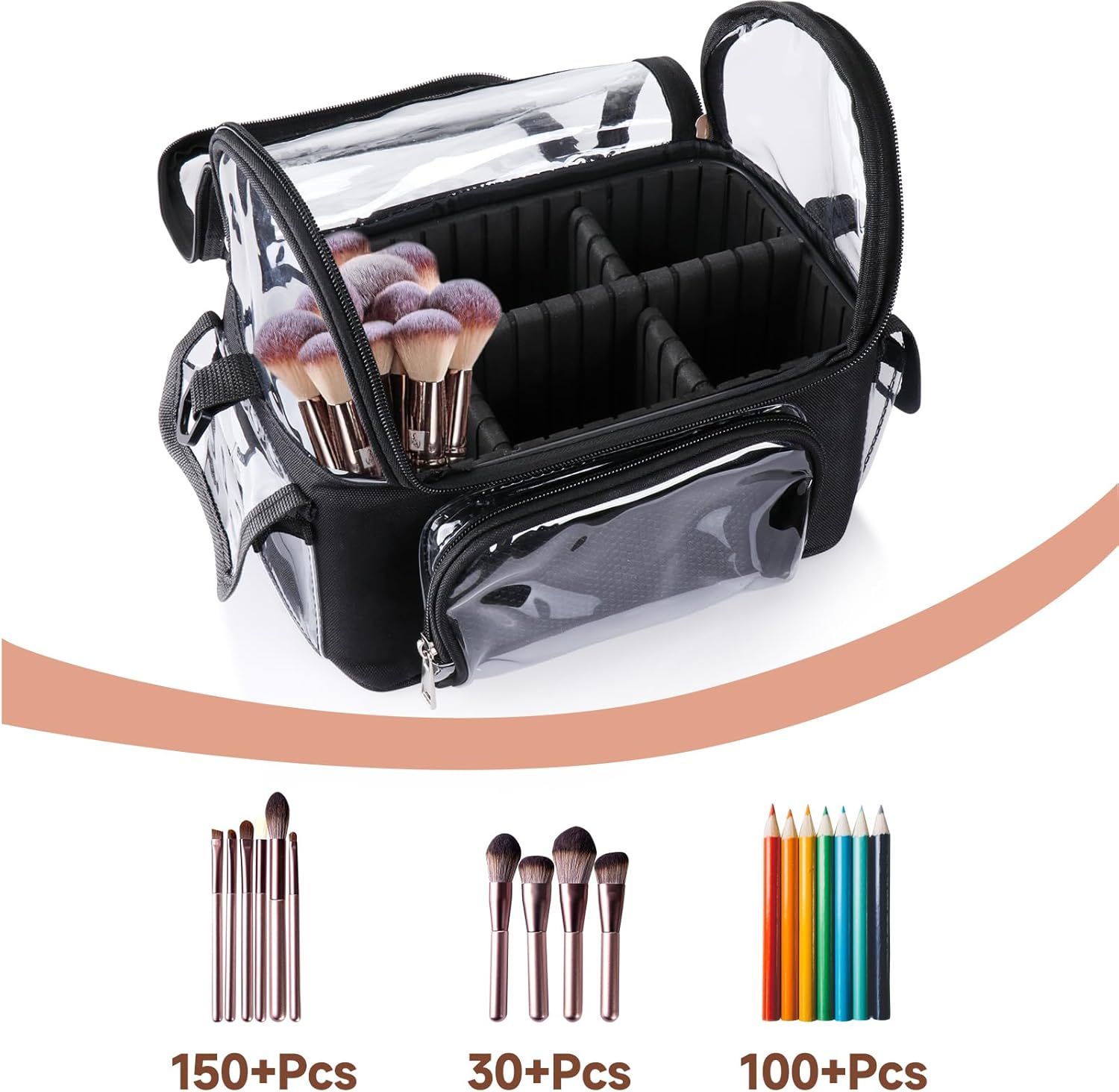 Makeup Brush Bag Travel with Dividers - Stand Up Professional Make Up Artist Kit Case with Adjustable Compartments and Strap, Portable Clear Cosmetic Storage Organizer Holder