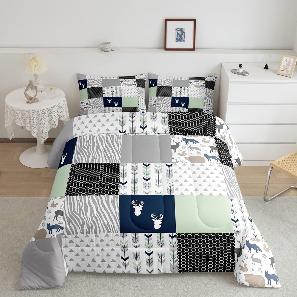Deer Antlers Silhouette Comforter Set Twin Size,Wild Animals Bedding Set 2pcs for Kids Teens Adults Room Decor, Classic Plaid Patchwork Quilt Set Arrow Honeycomb Duvet Insert with 1 Pillowcase Wws10169 Twin