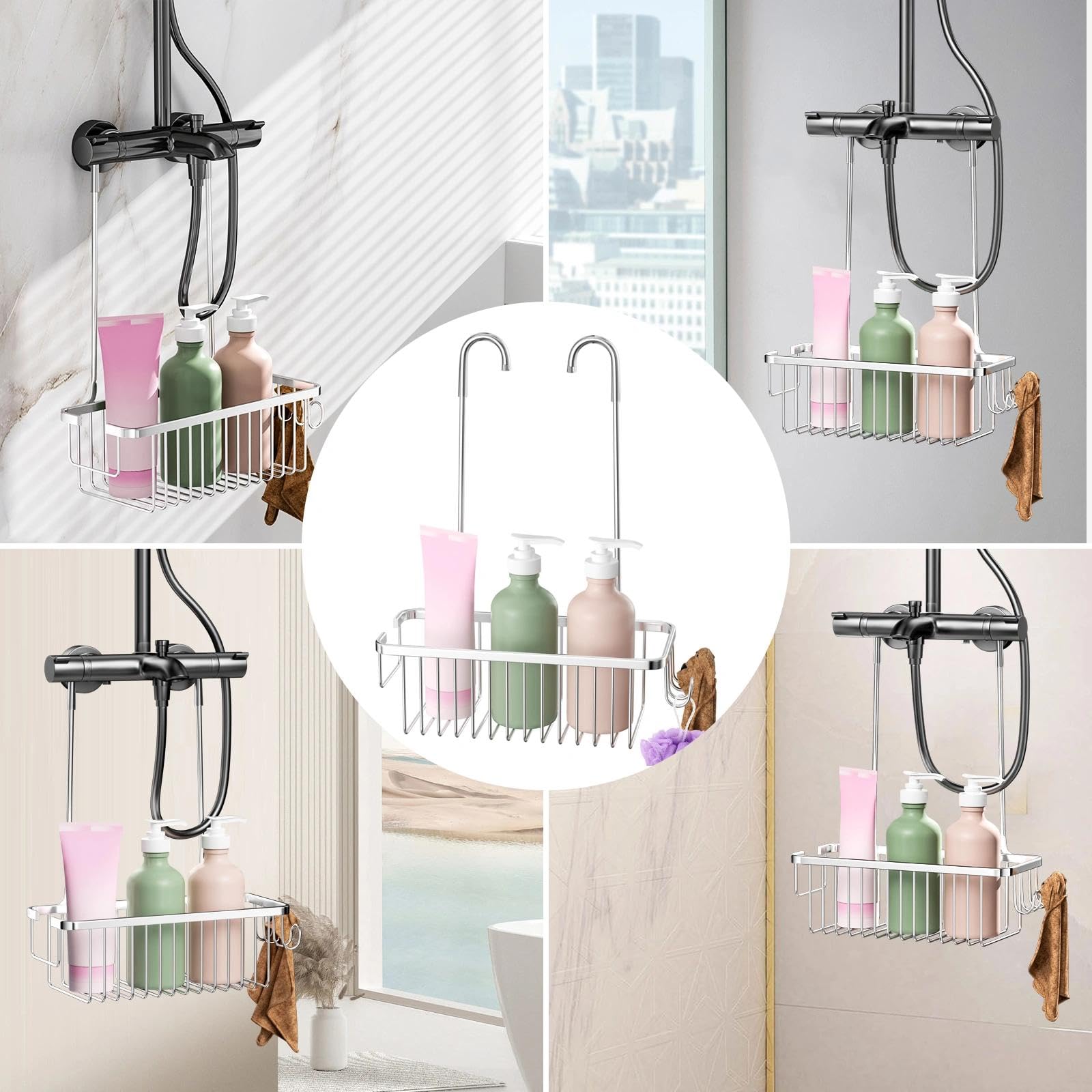 Chiluxendo Estanteria Baño Ducha, Estante Ducha Sin Taladro, Organizador, Cesta Colgante Sin Taladro, Colgador, Soporte, Repisa Baño, Balda, Repisa (Plata) — view 7