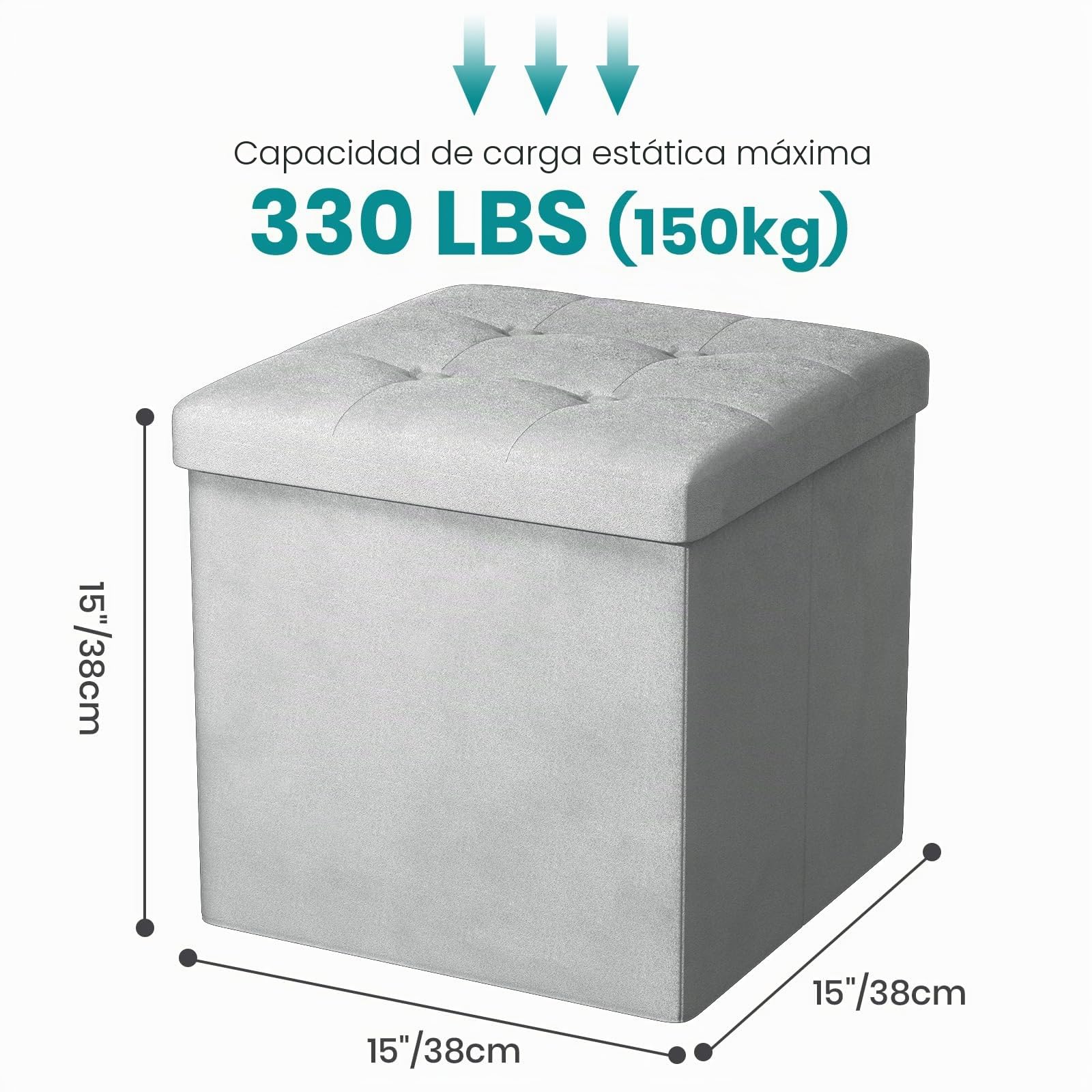 Oak & Tea Folding Storage Ottoman Seat, Folding Stool with Storage, Shoe Changing Stool, Storage Boxes with Lid, for Bedroom Living Room, Light Grey,38x38x38cm