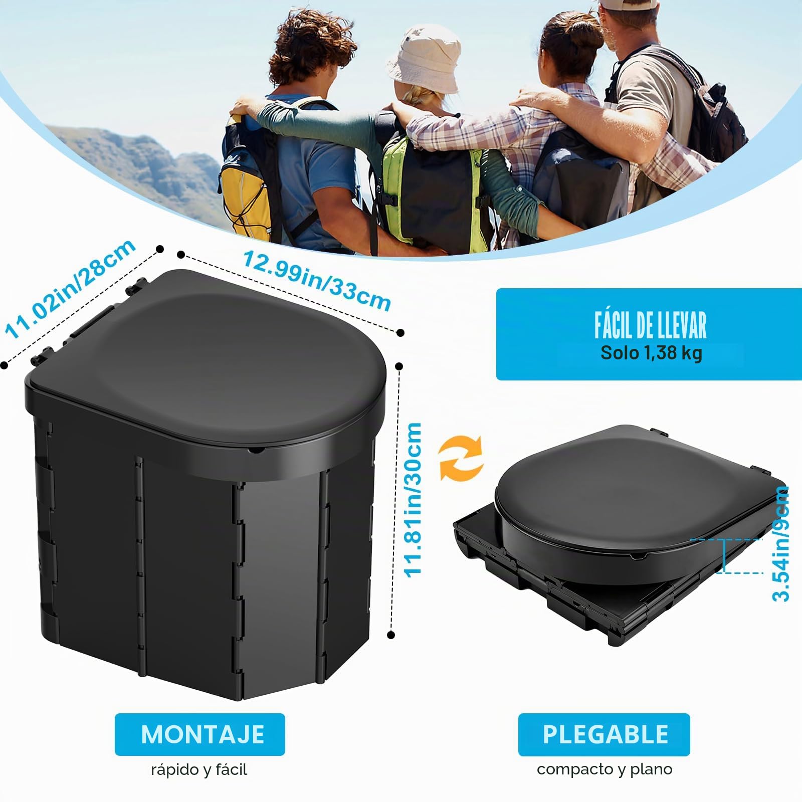 Inodoro portátil para camping, plegable, para adultos, con tapa y soporte retráctil para papel higiénico, impermeable, con bolsa de transporte y fundas desechables, para camping, senderismo, caravanas